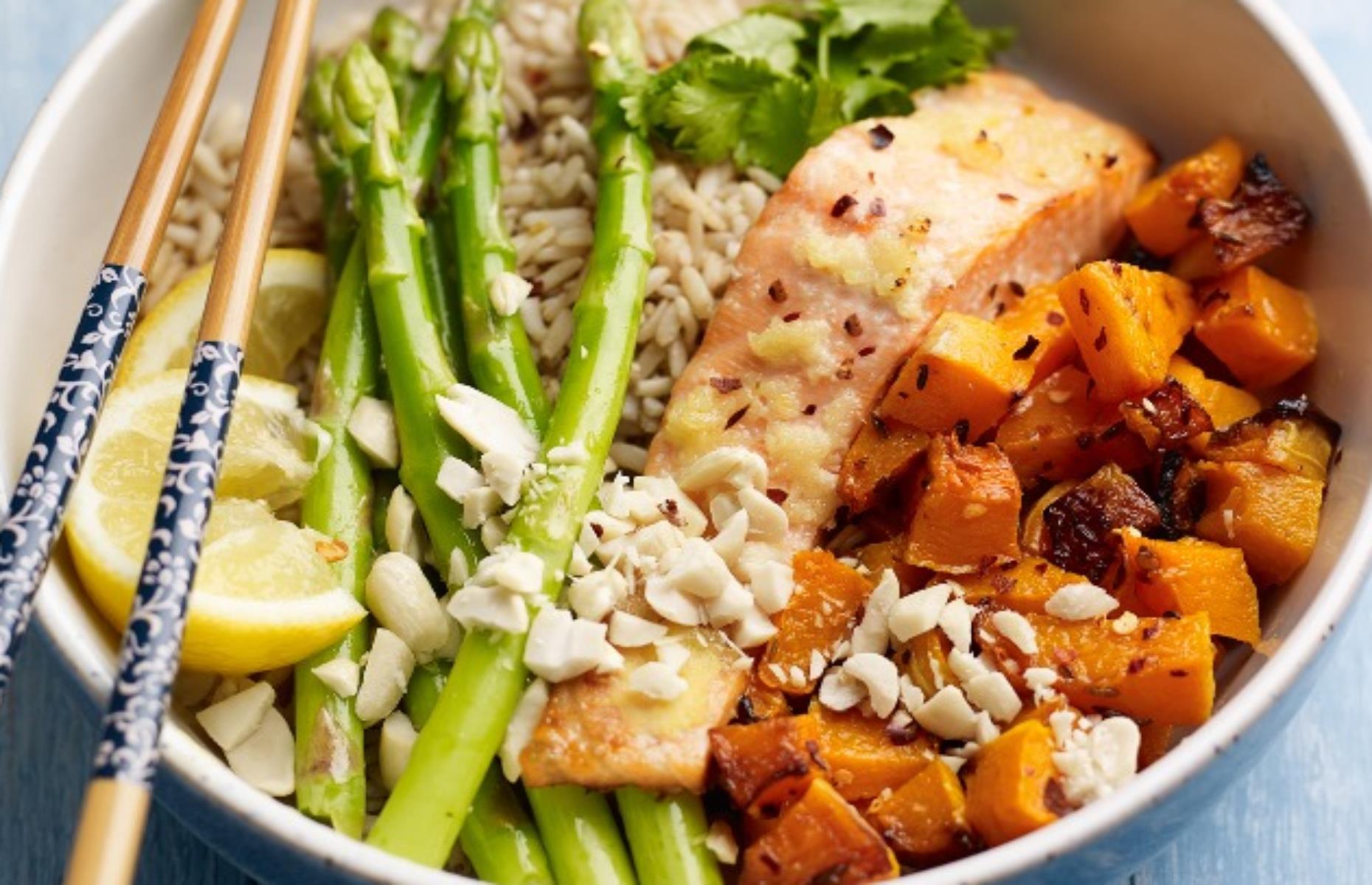 Asparagus, salmon and squash rice bowl