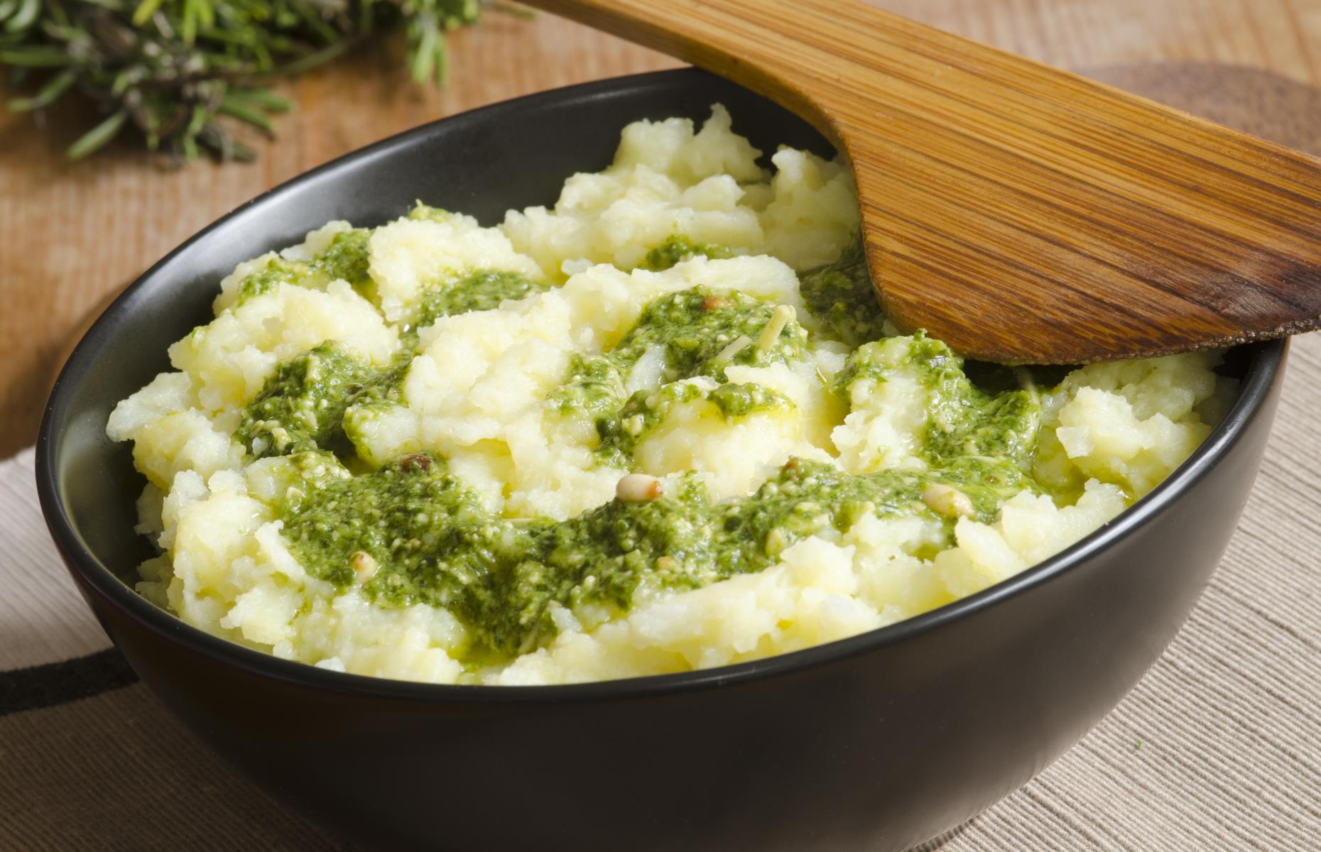 Add pesto to mash for flavour