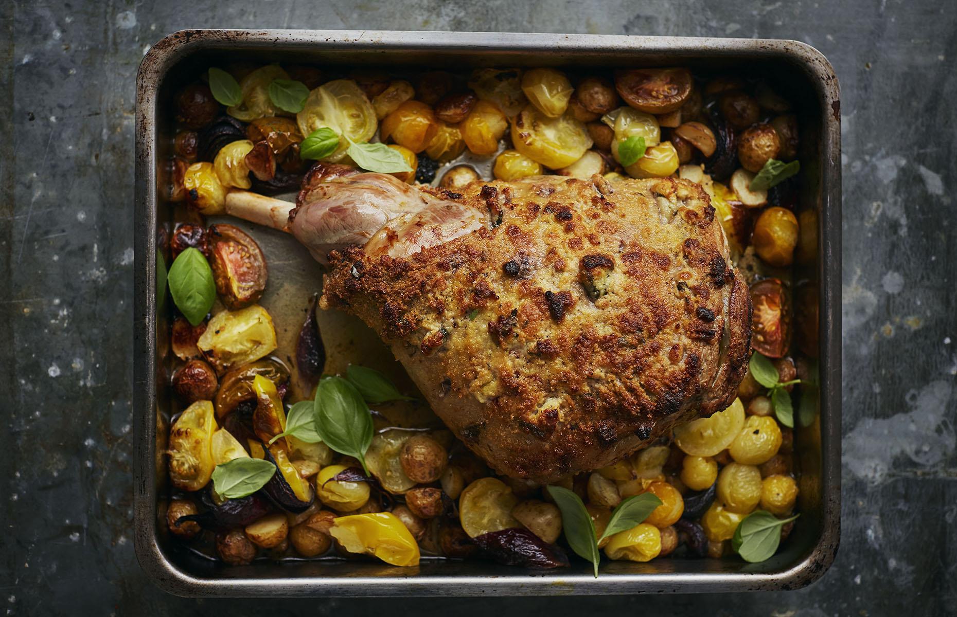Roast leg of lamb with pecorino and garlic