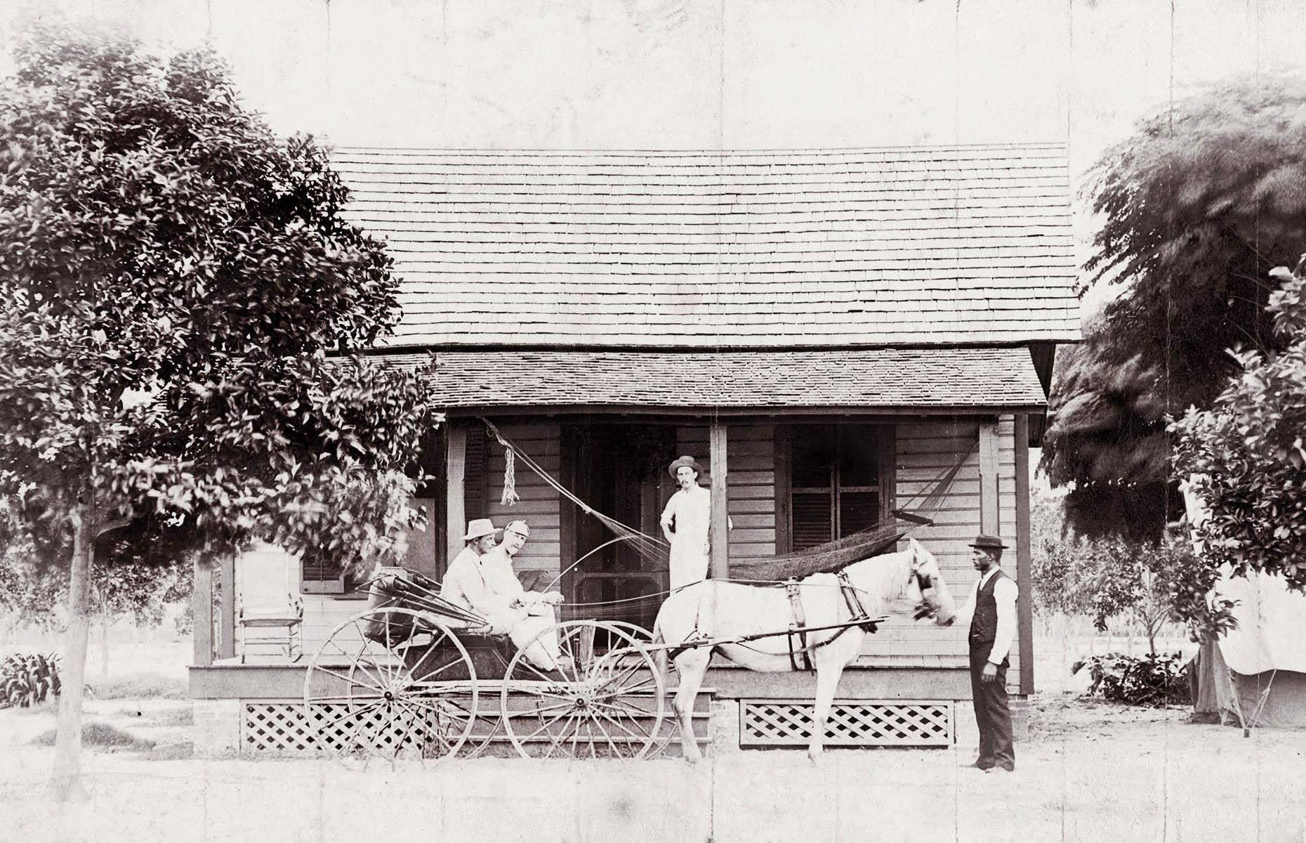 1900: a horse and buggy stops by a veranda
