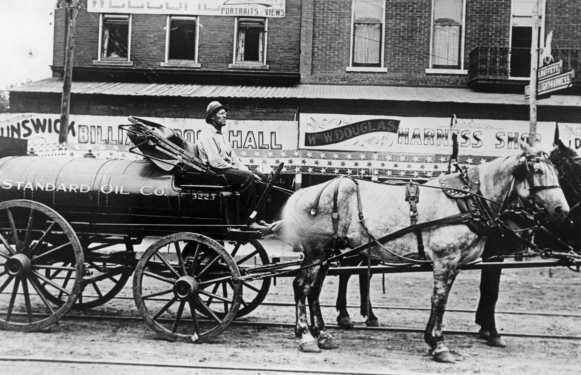 1870s: An early Standard Oil Company tank wagon