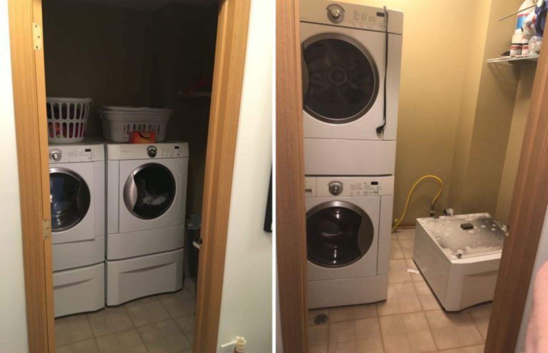 Compact laundry room with faux tiles
