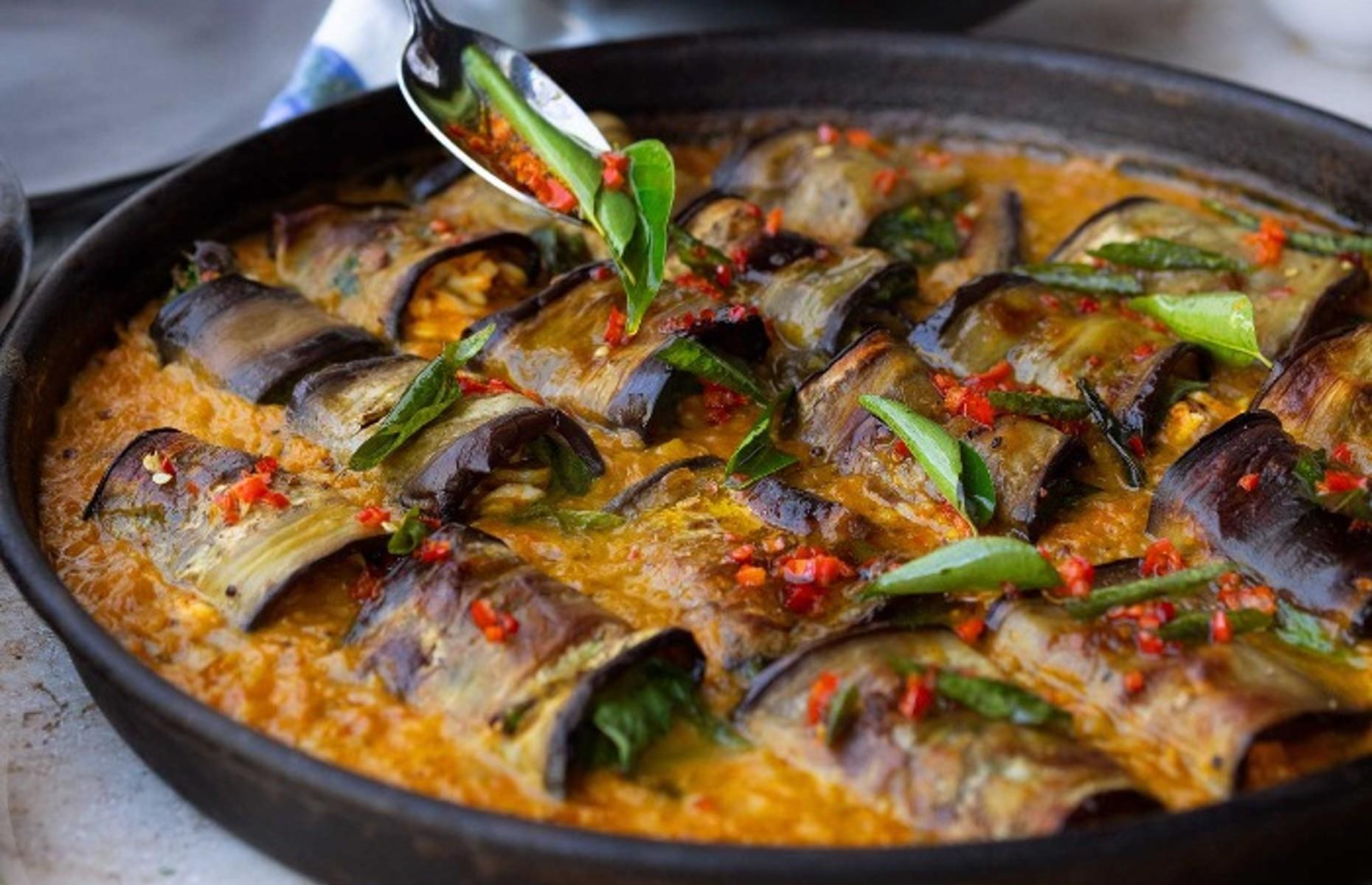 29. Stuffed aubergines in coconut dal