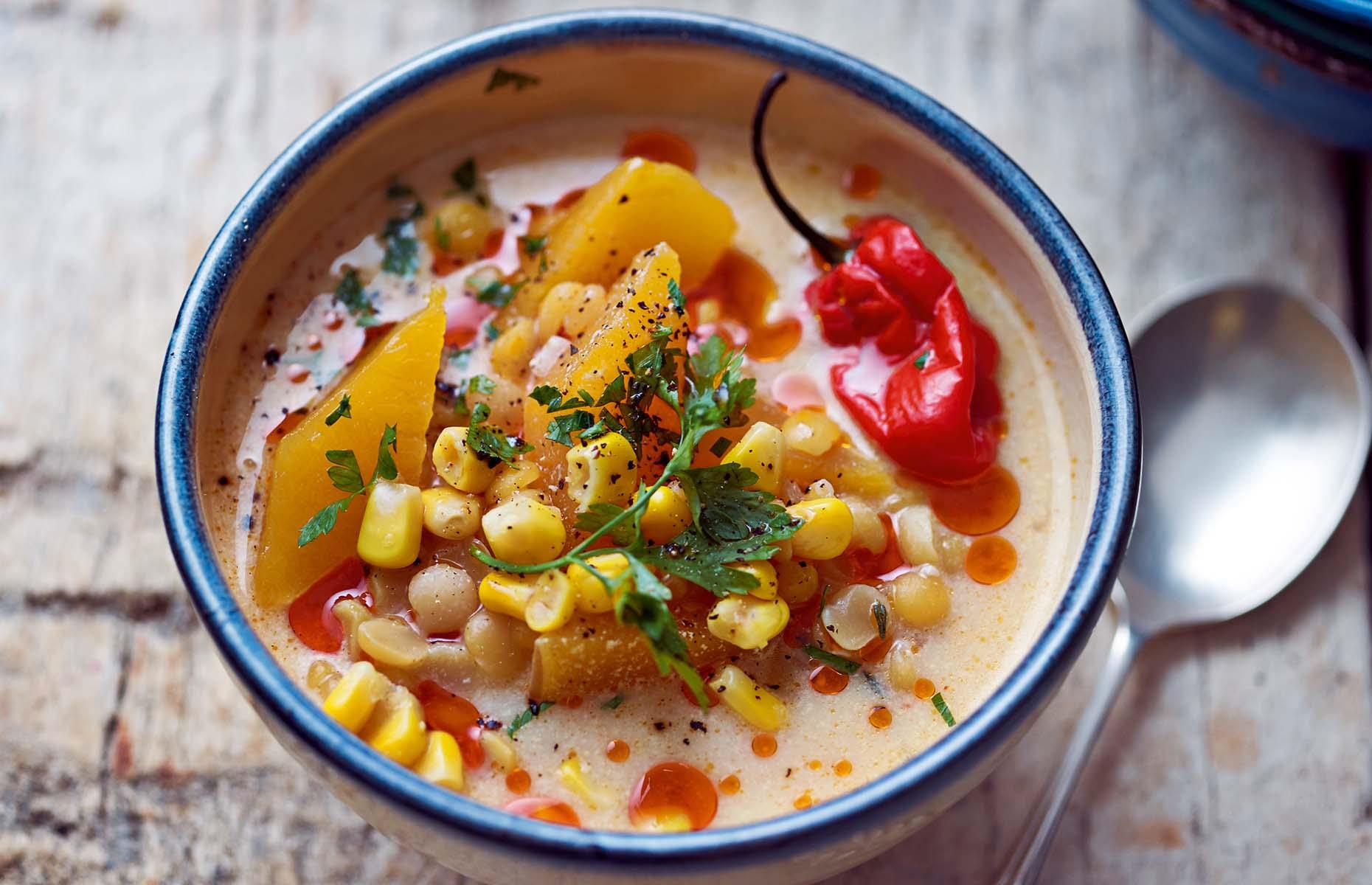 Spiced corn, lentil and butternut squash chowder