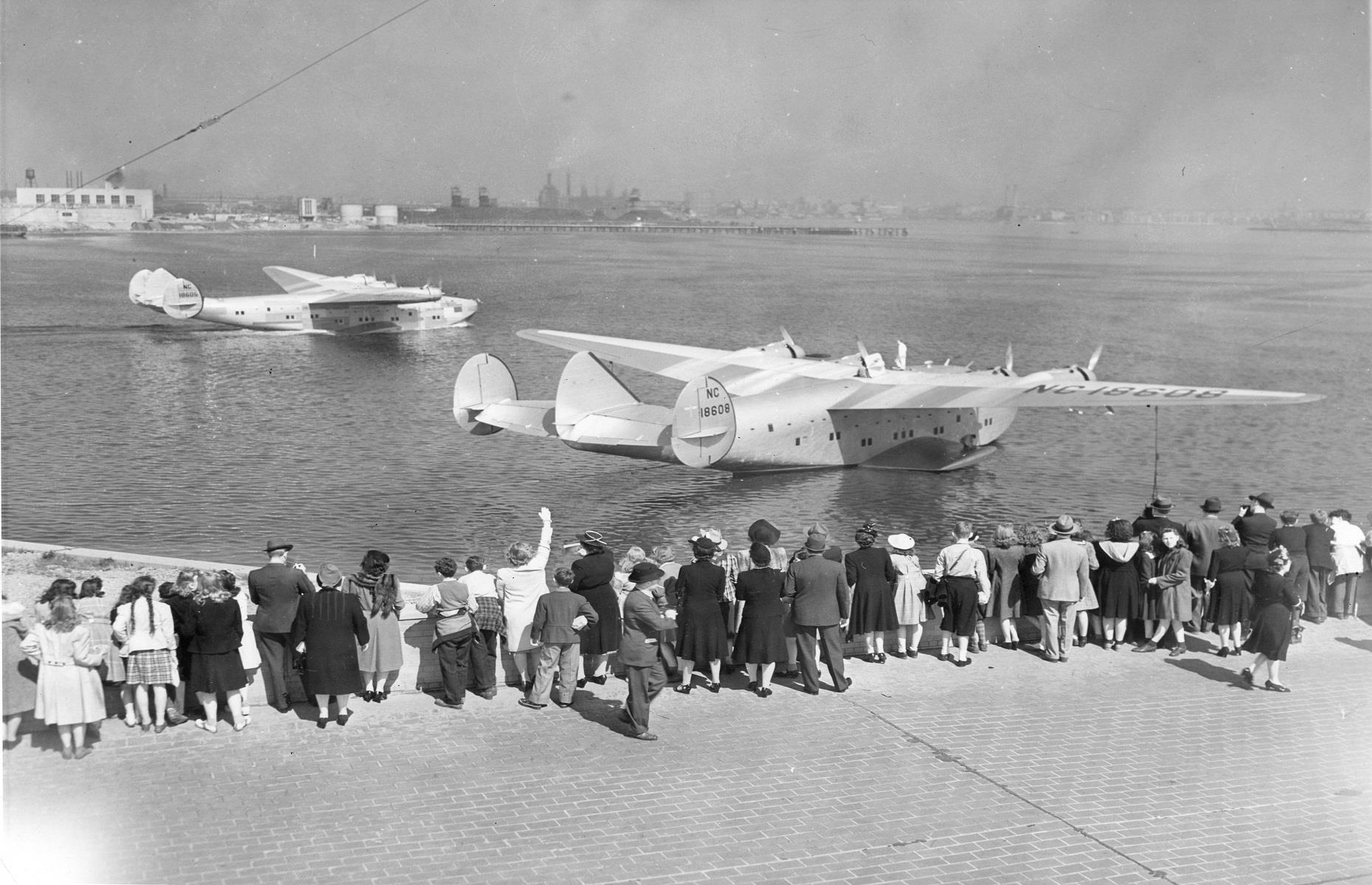 1940s: Pan American Airlines' Boeing 314 Clipper sets off
