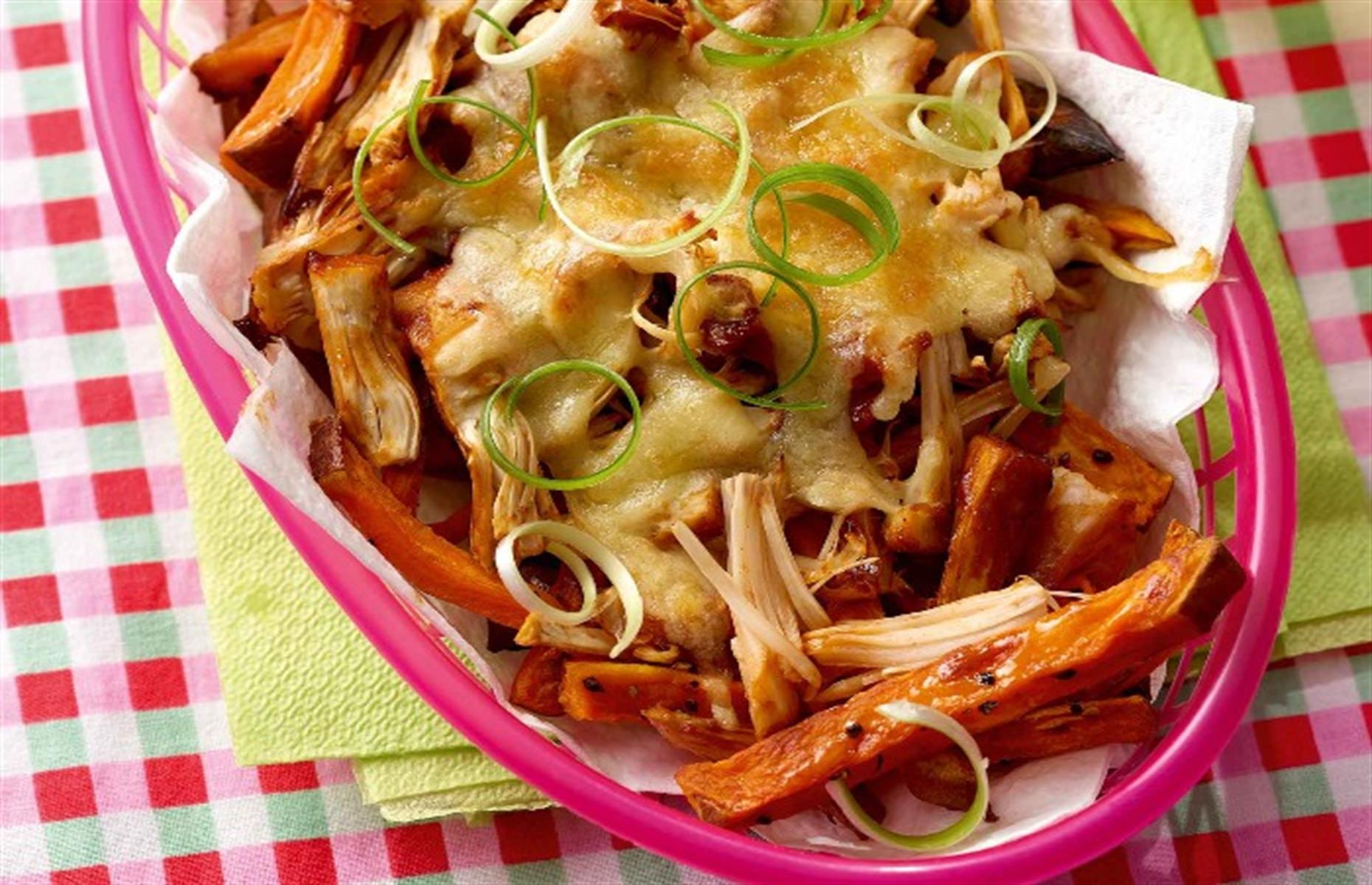 Jackfruit loaded sweet potato fries