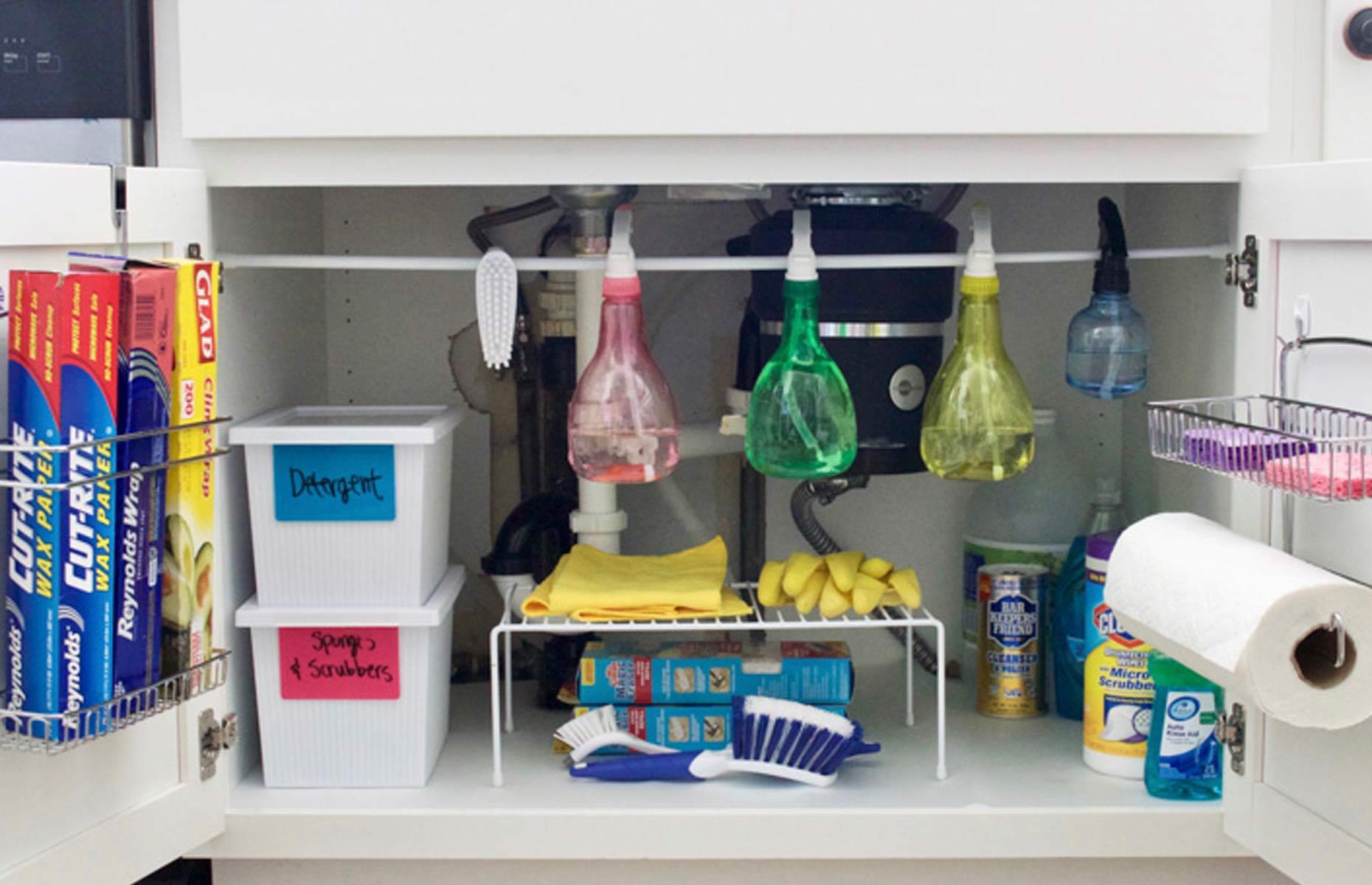 Hang cleaning products on tension rods