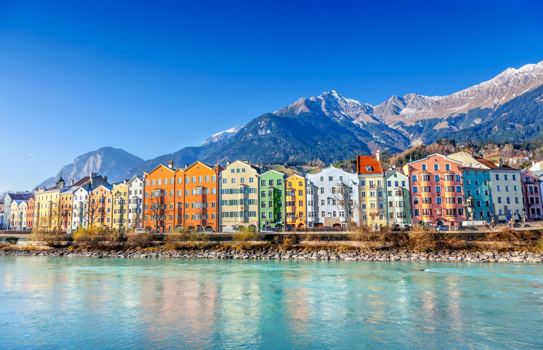 Multicoloured mountainside homes, Innsbruck, Austria