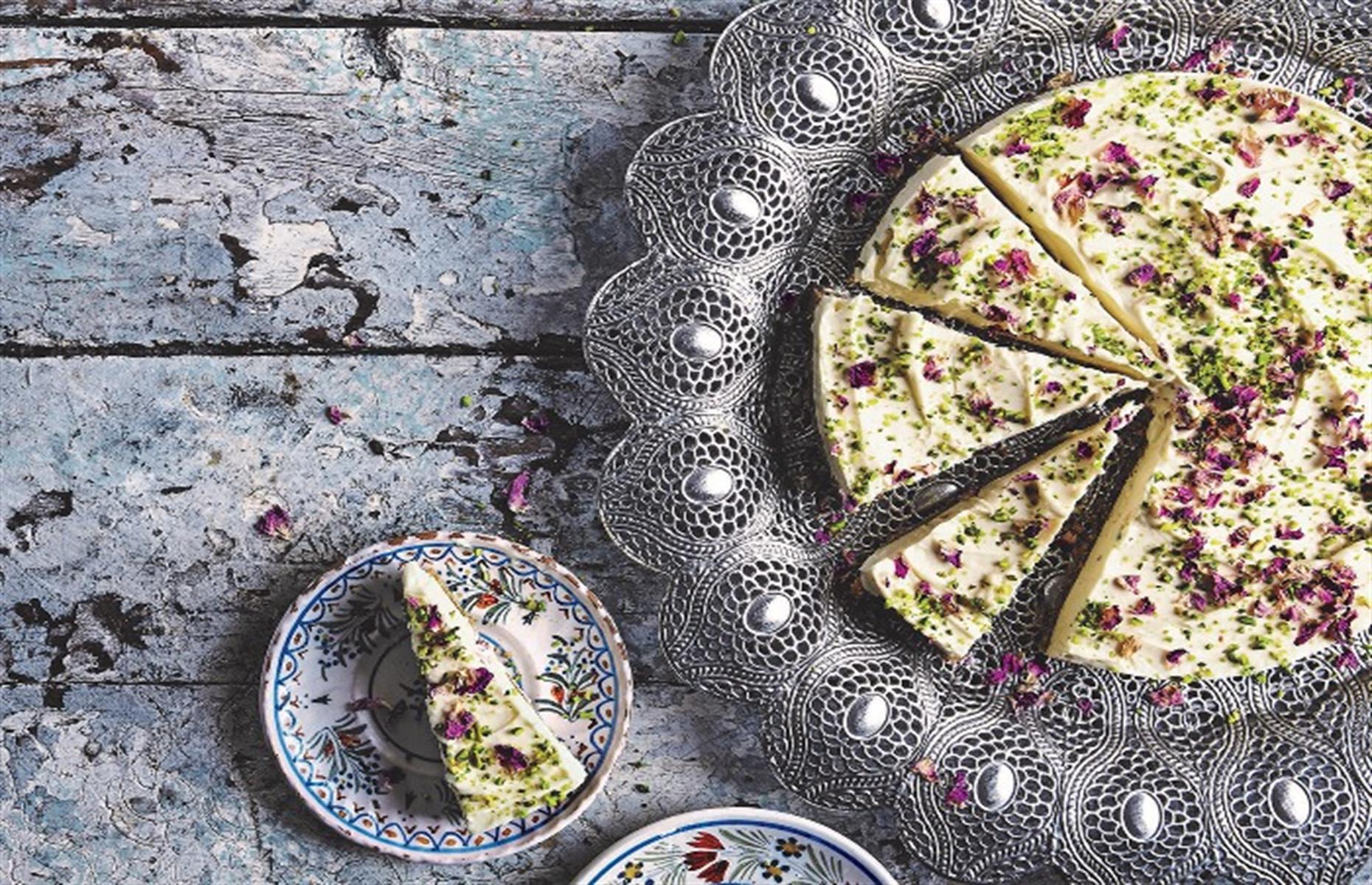 Rosewater and pistachio cheesecake
