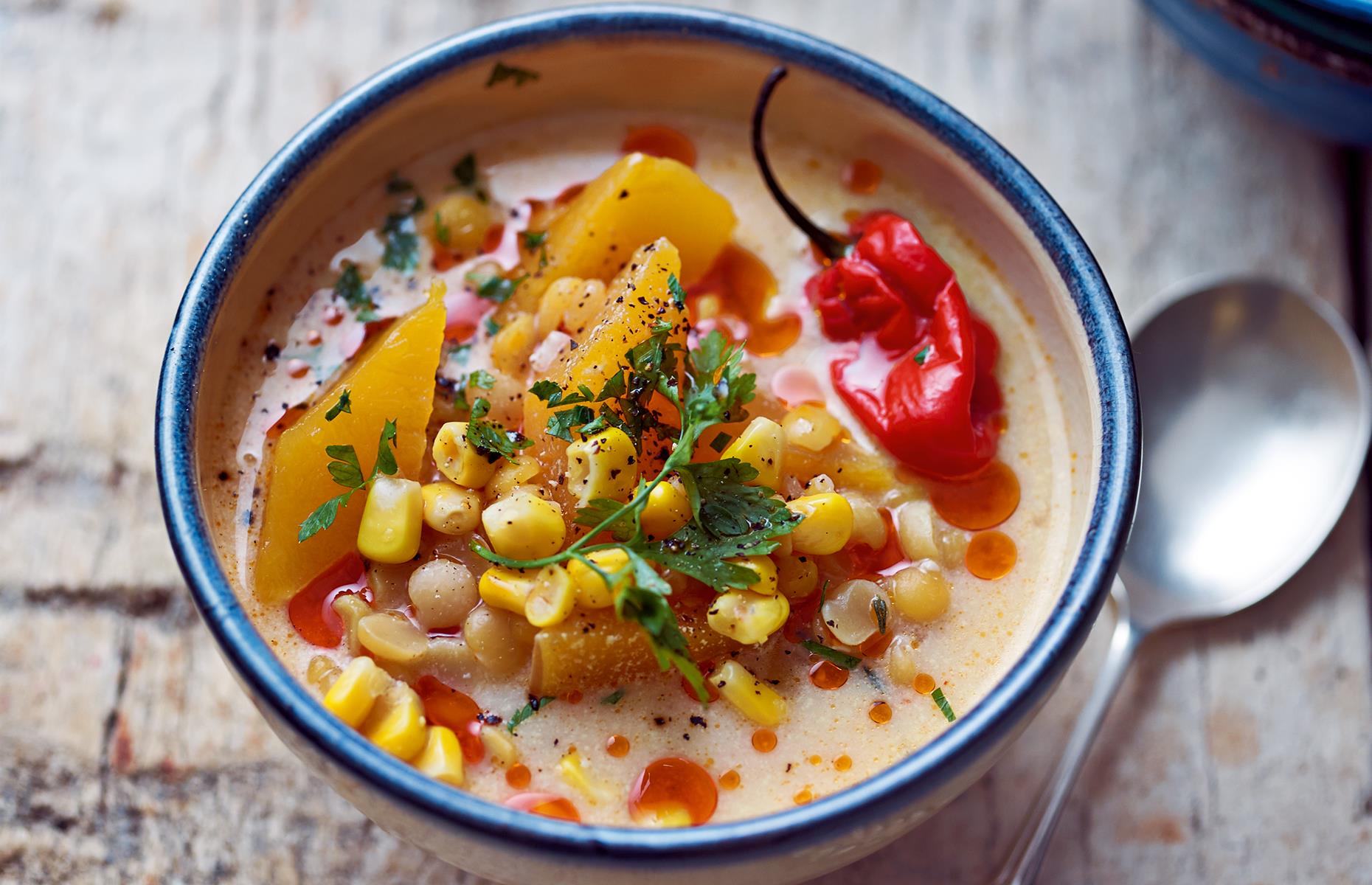 Starter: spiced corn and lentil chowder