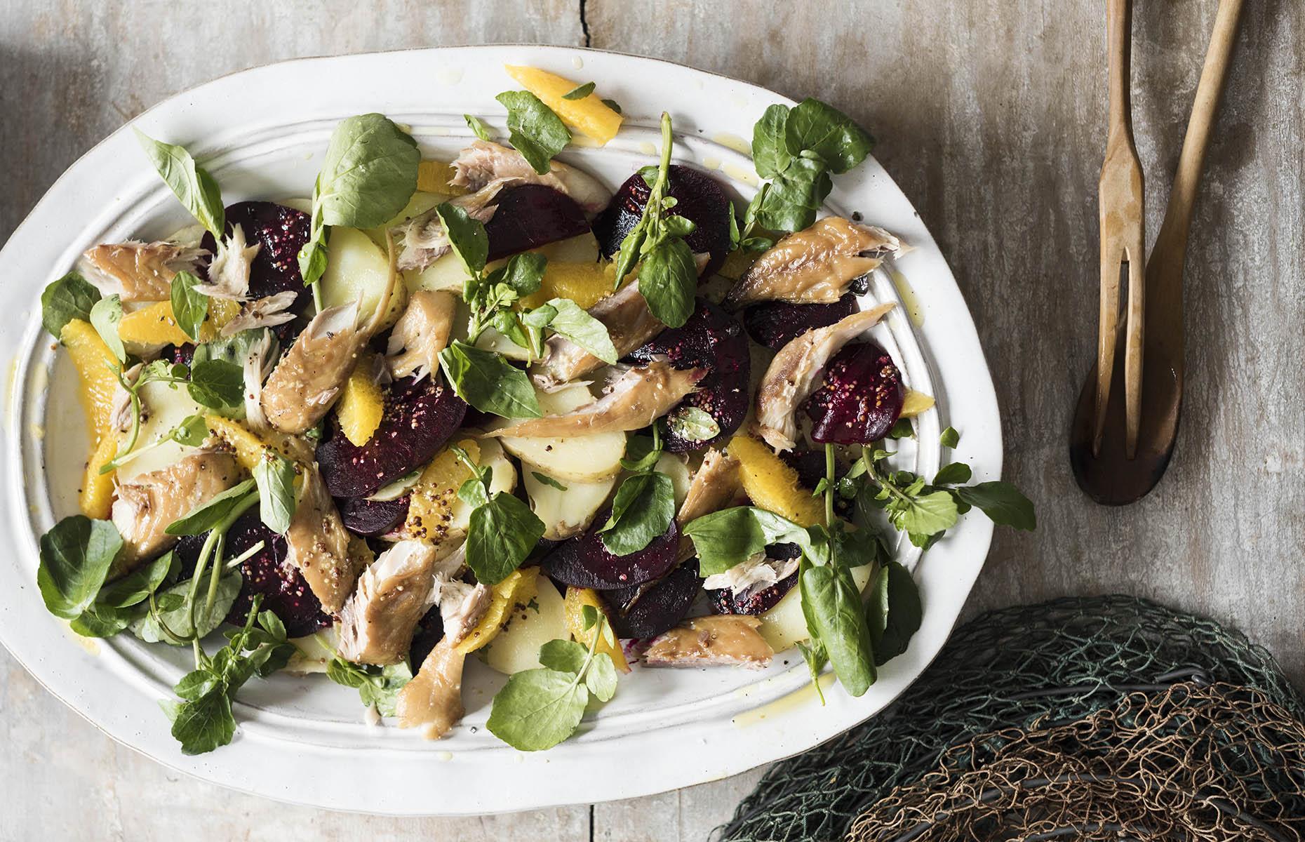 Smoked mackerel, orange and beetroot salad