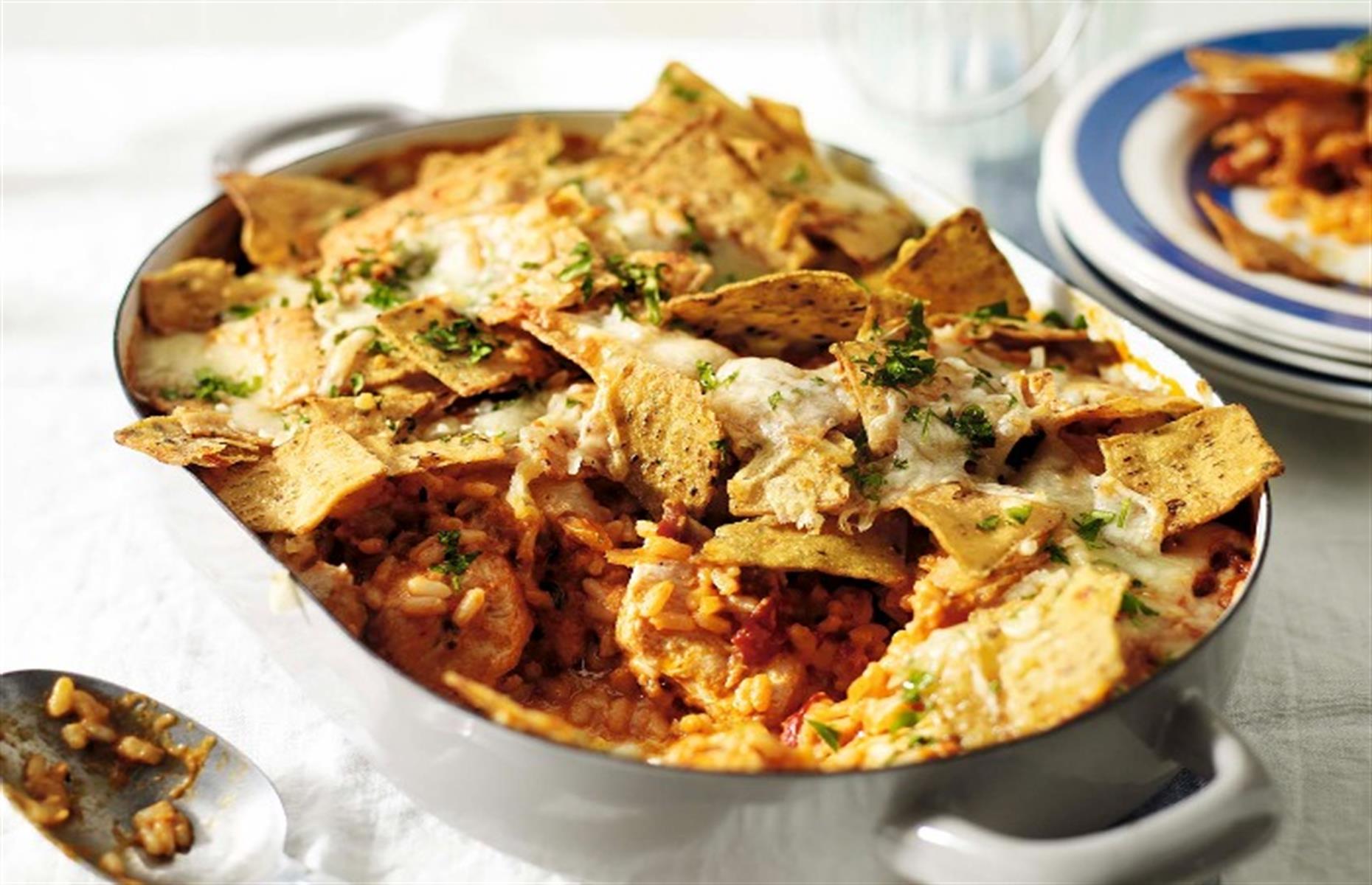 50. Smoky baked chicken with tortillas and rice