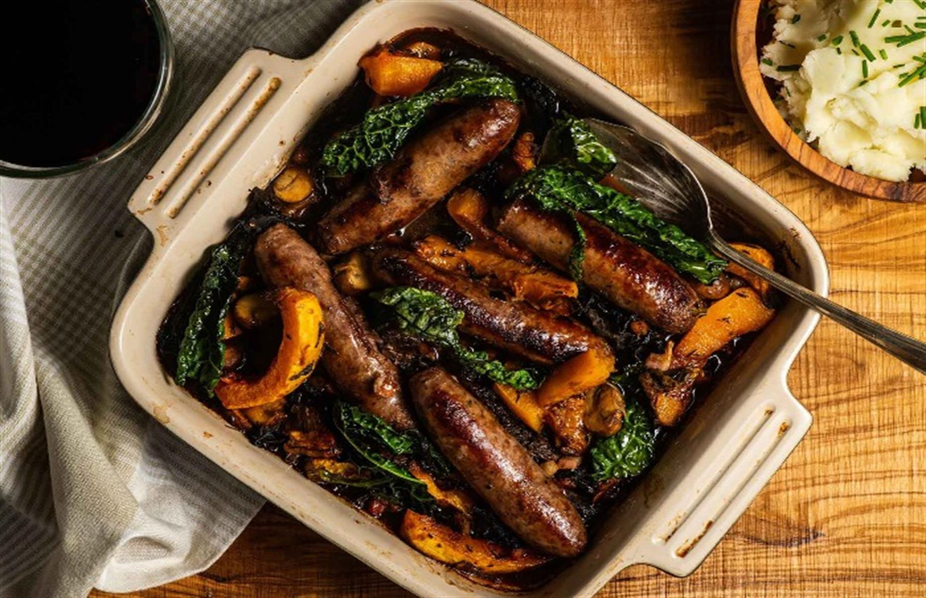 Sausage and wild mushroom traybake