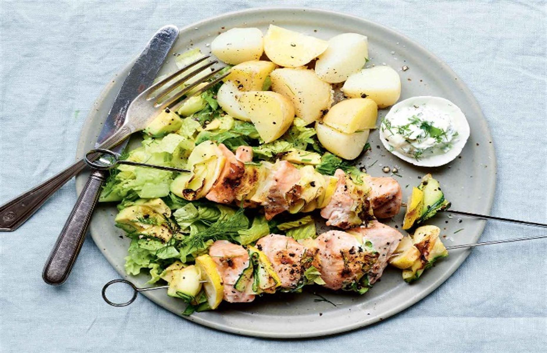 Salmon, courgette and lemon kebabs