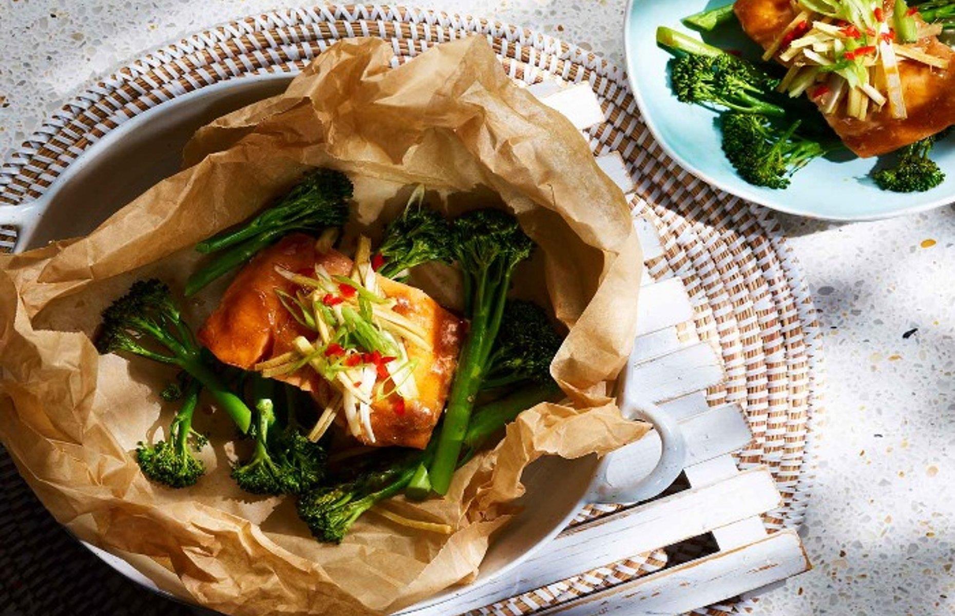 Ginger salmon with oyster sauce and broccoli