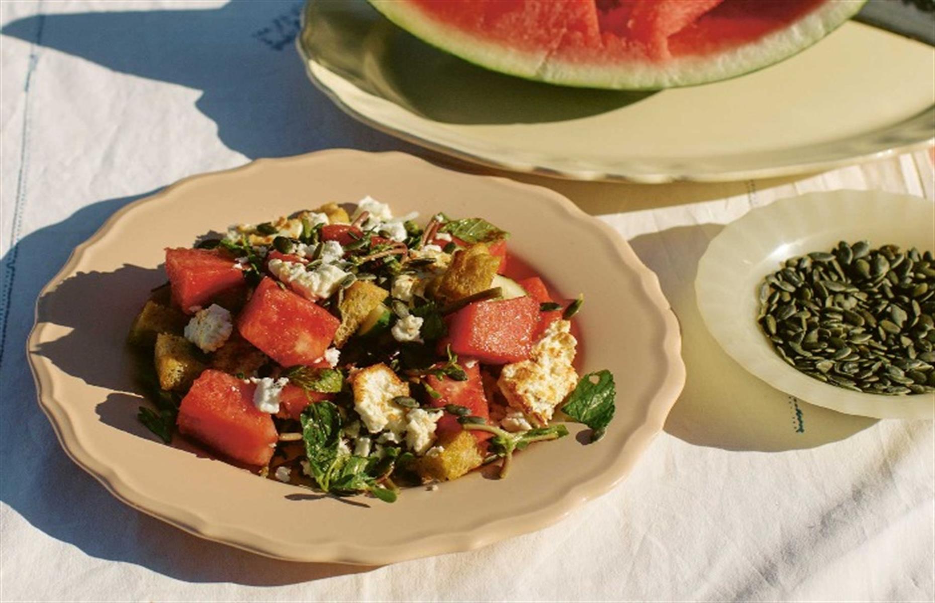 Watermelon, feta and bread salad