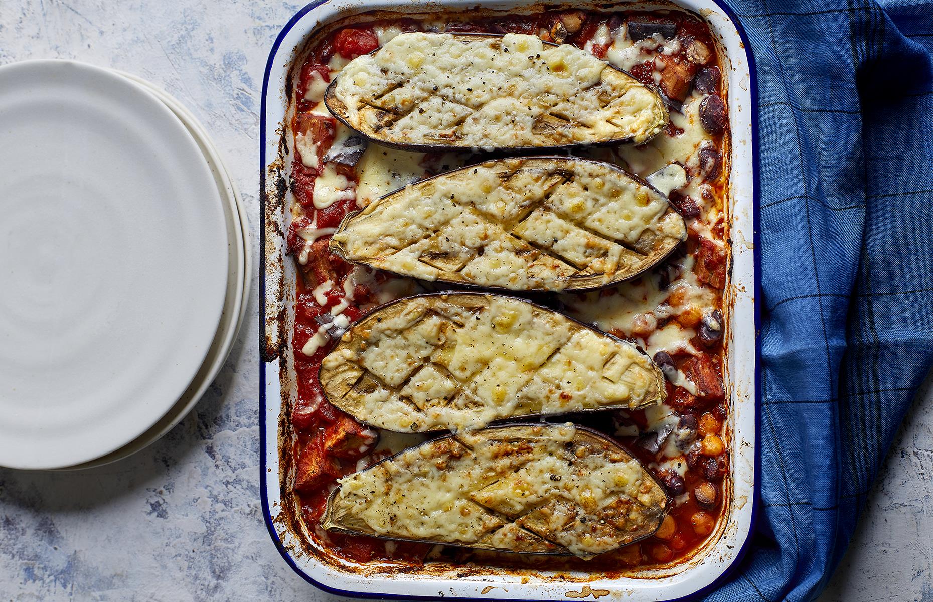 Main: aubergine chilli traybake