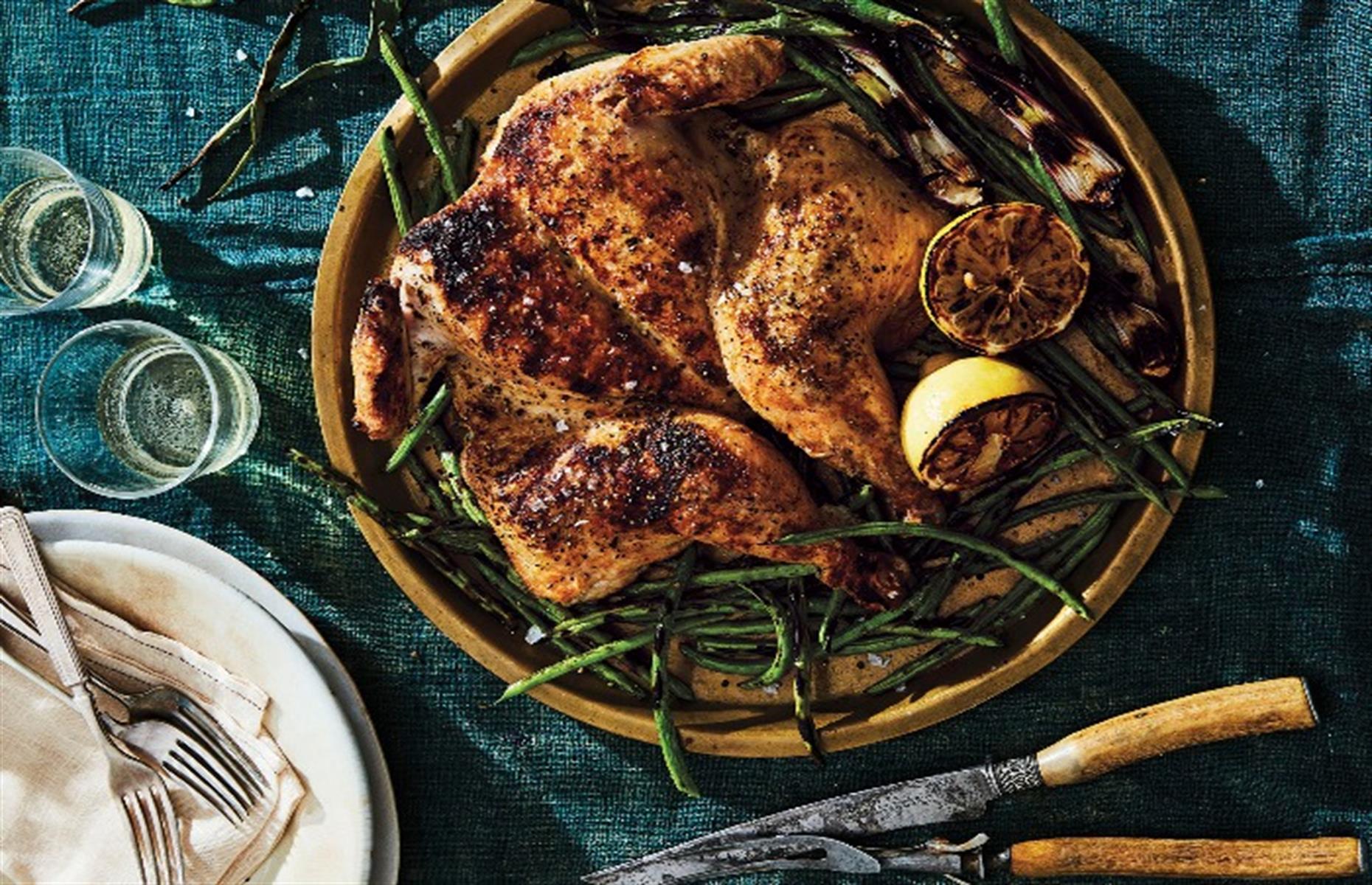 Spatchcocked chicken with green beans