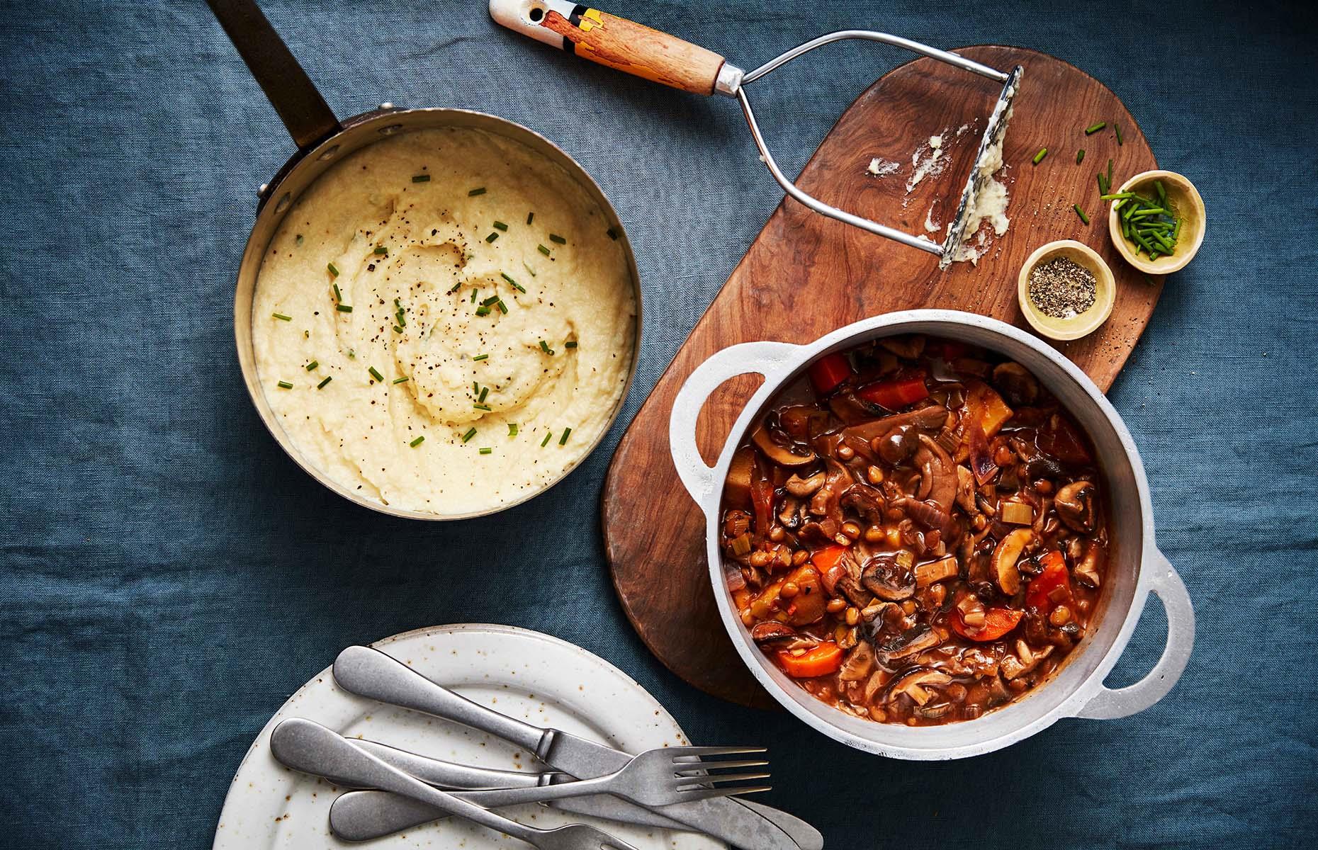 Mushroom stew and cauliflower mash