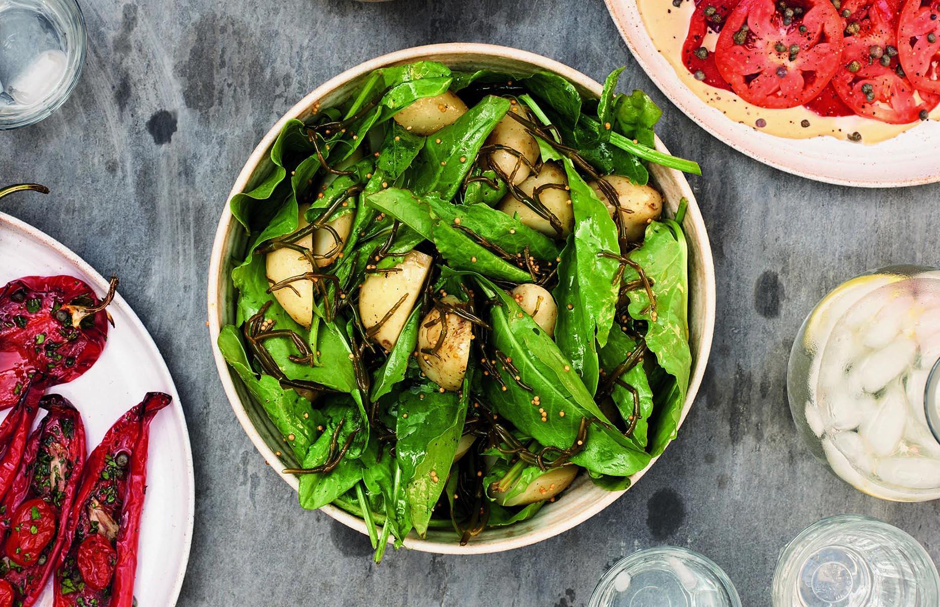 New potatoes with pickled samphire and sorrel