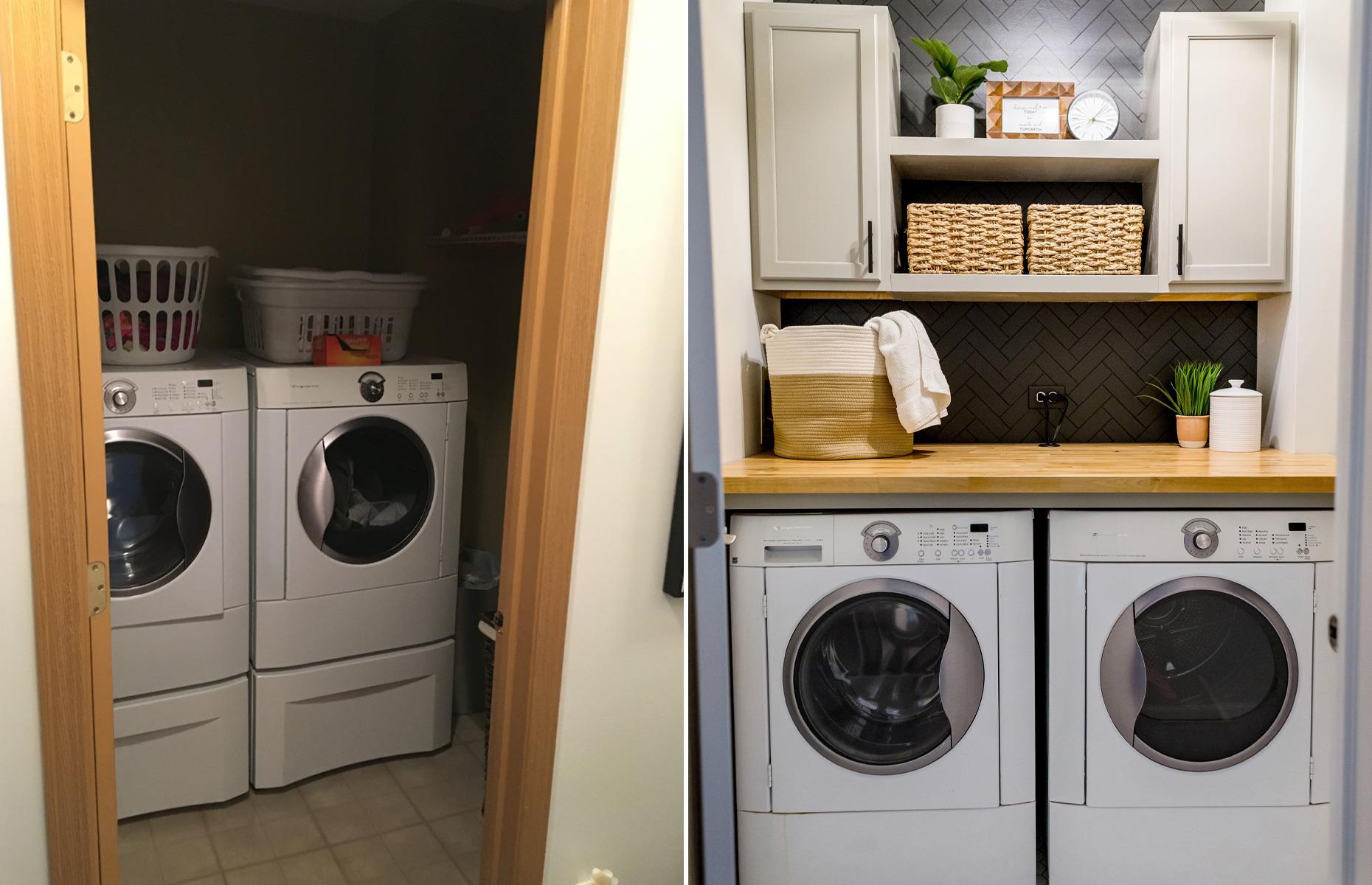 Compact laundry room with faux tiles