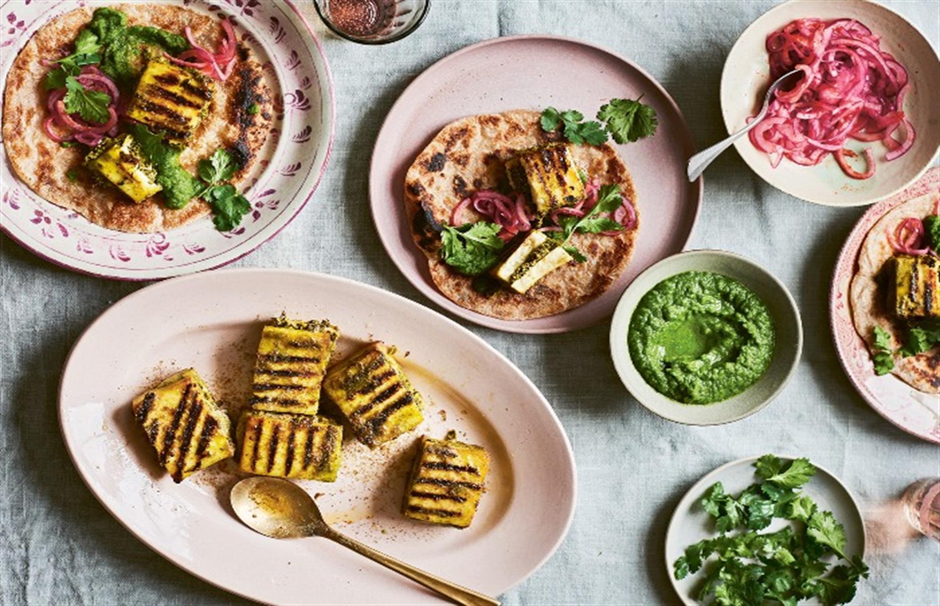 Paneer skewers stuffed with mint 