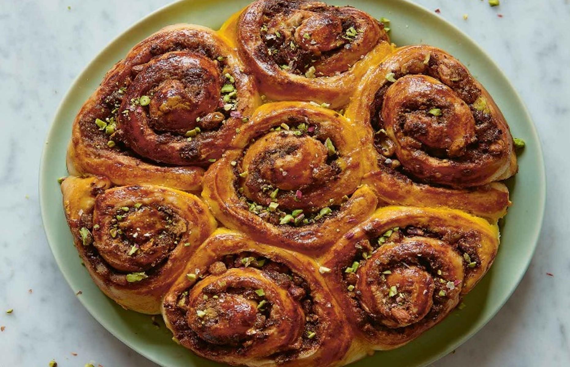 Pistachio, citrus and dark chocolate cinnamon rolls
