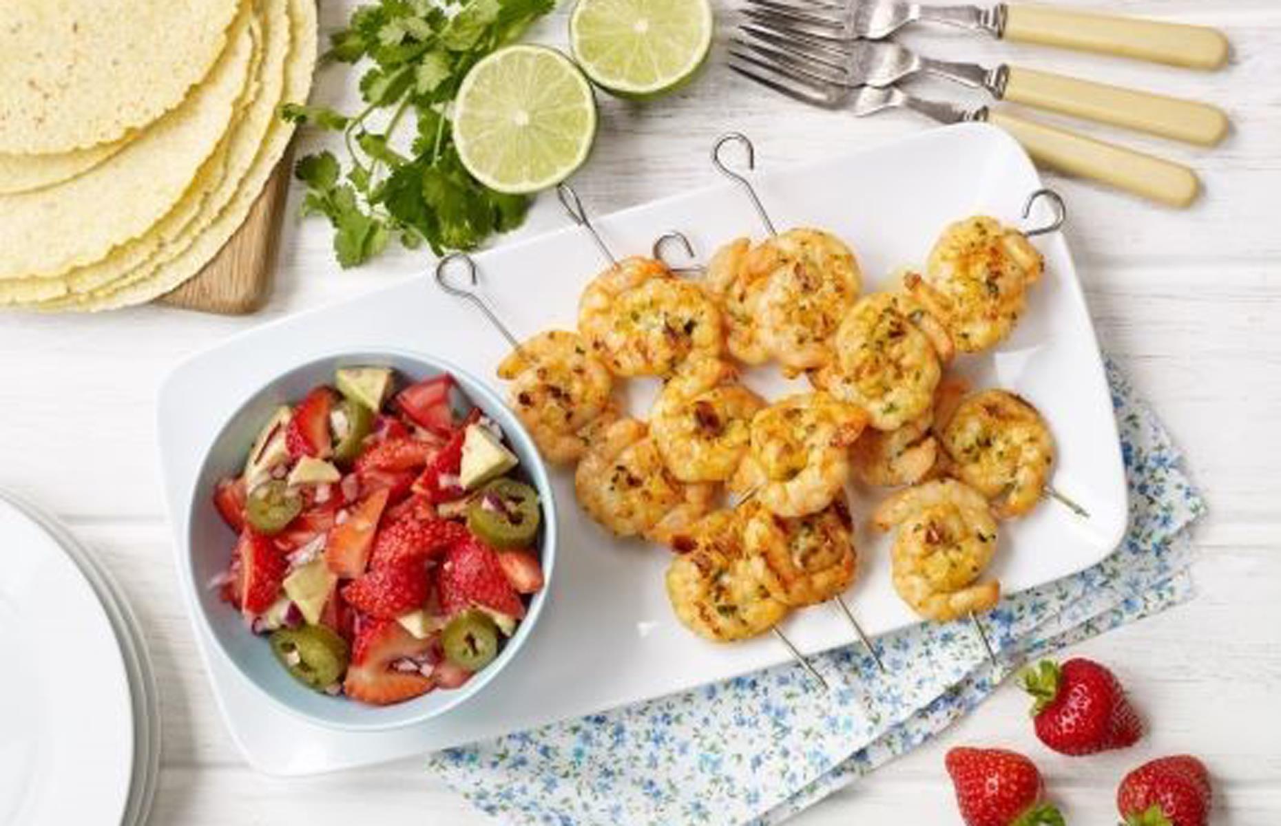 Spiced prawn tacos with strawberry and avocado salsa 