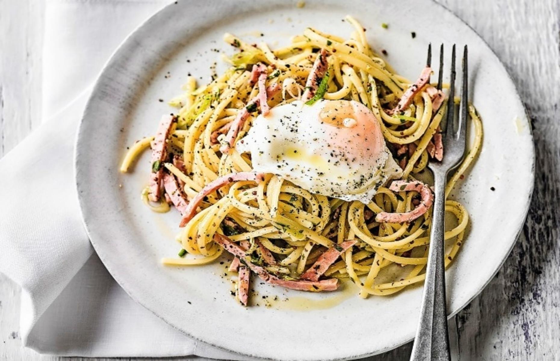 Ham and egg linguine