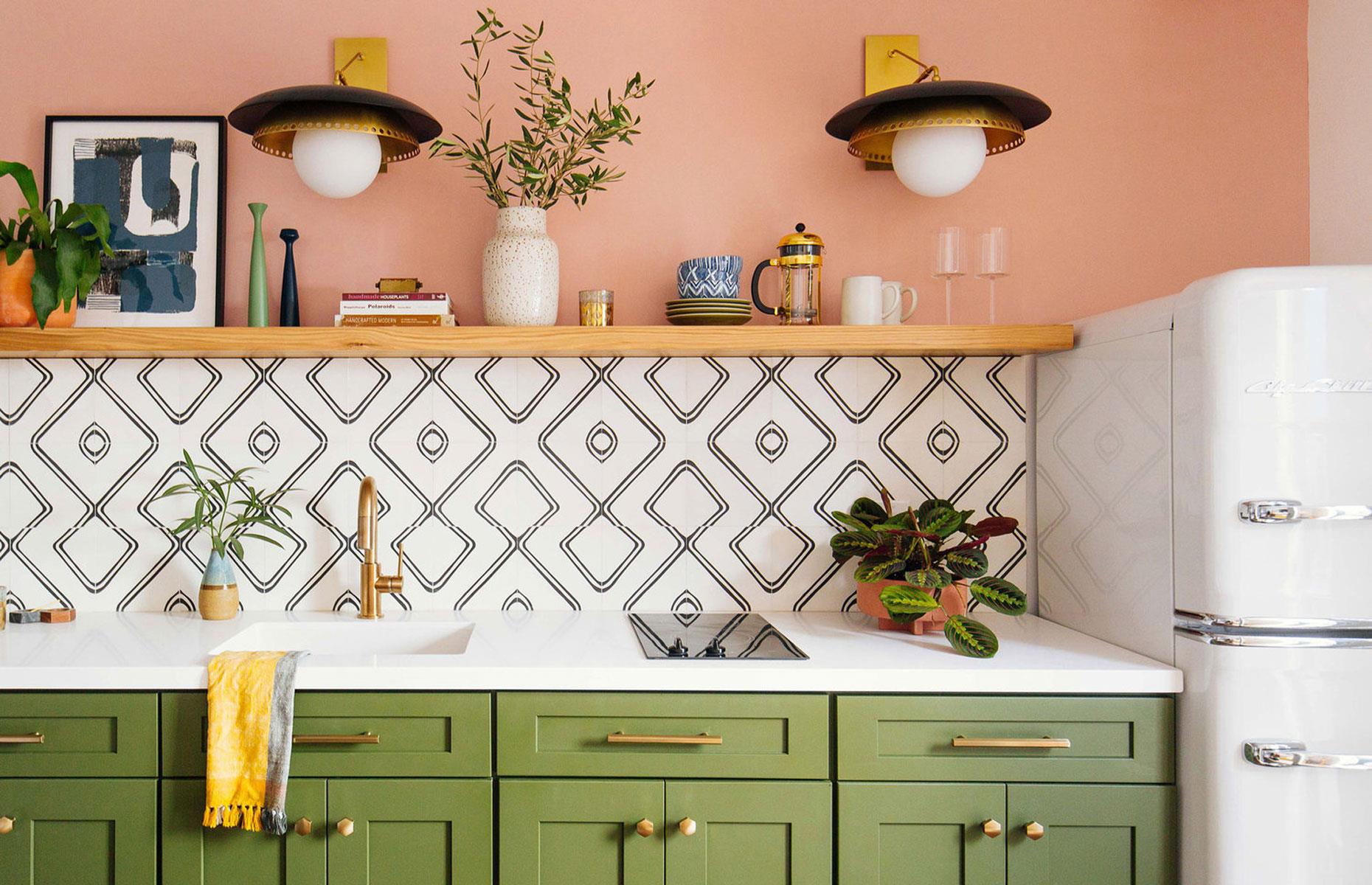 Colourful kitchen with graphic tiling