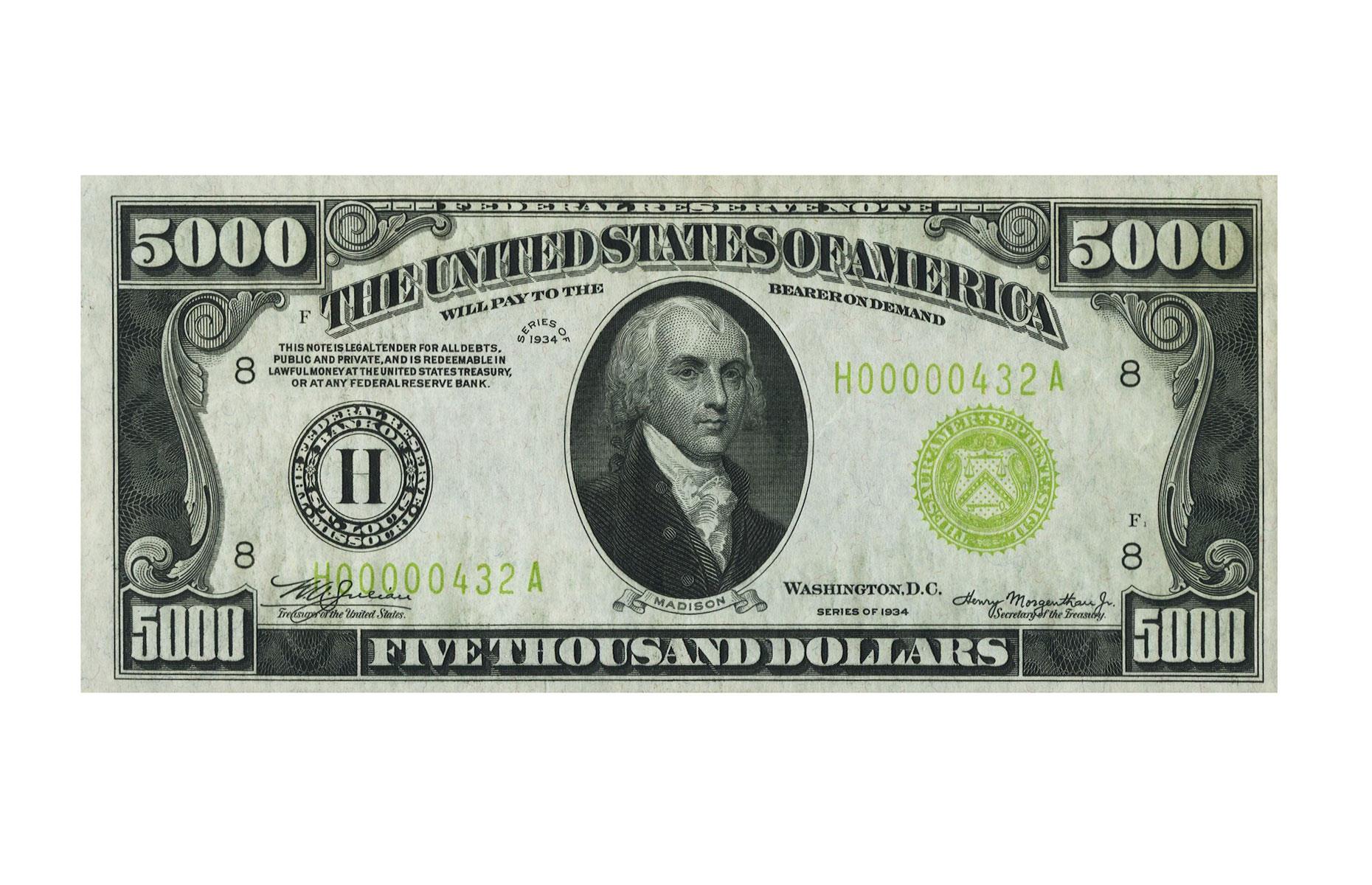 USA 1934 Fr. 2221-H $5,000 Federal Reserve Note – $141,000 (£113k)