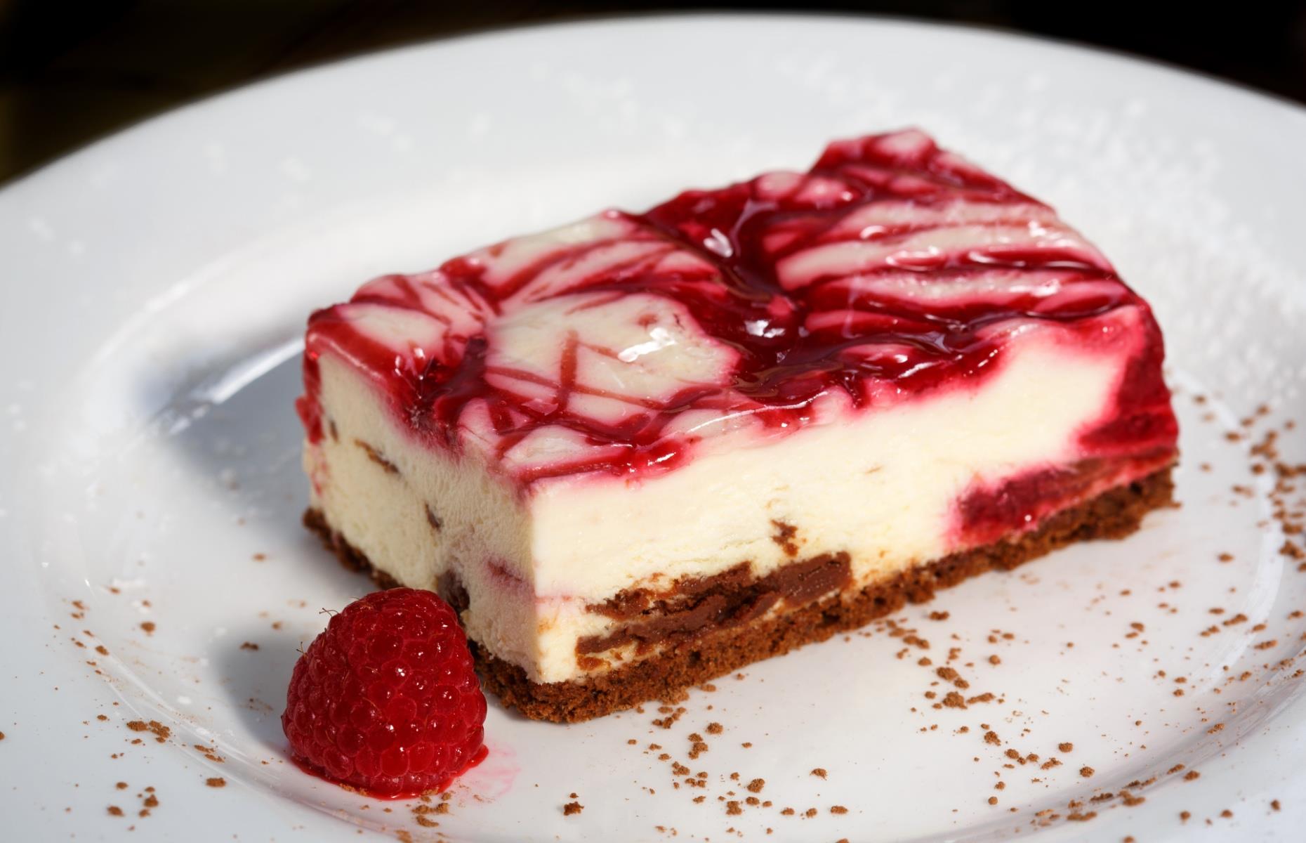 Raspberry ripple and white chocolate cheesecake bars