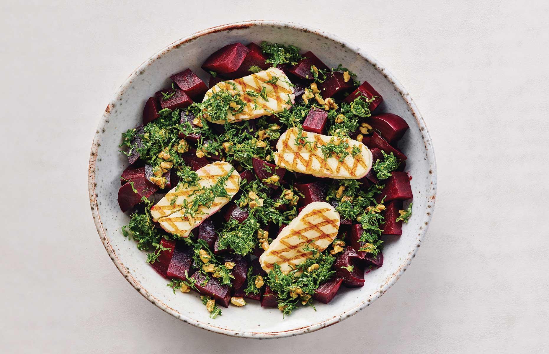 Grilled halloumi with beetroot and gremolata