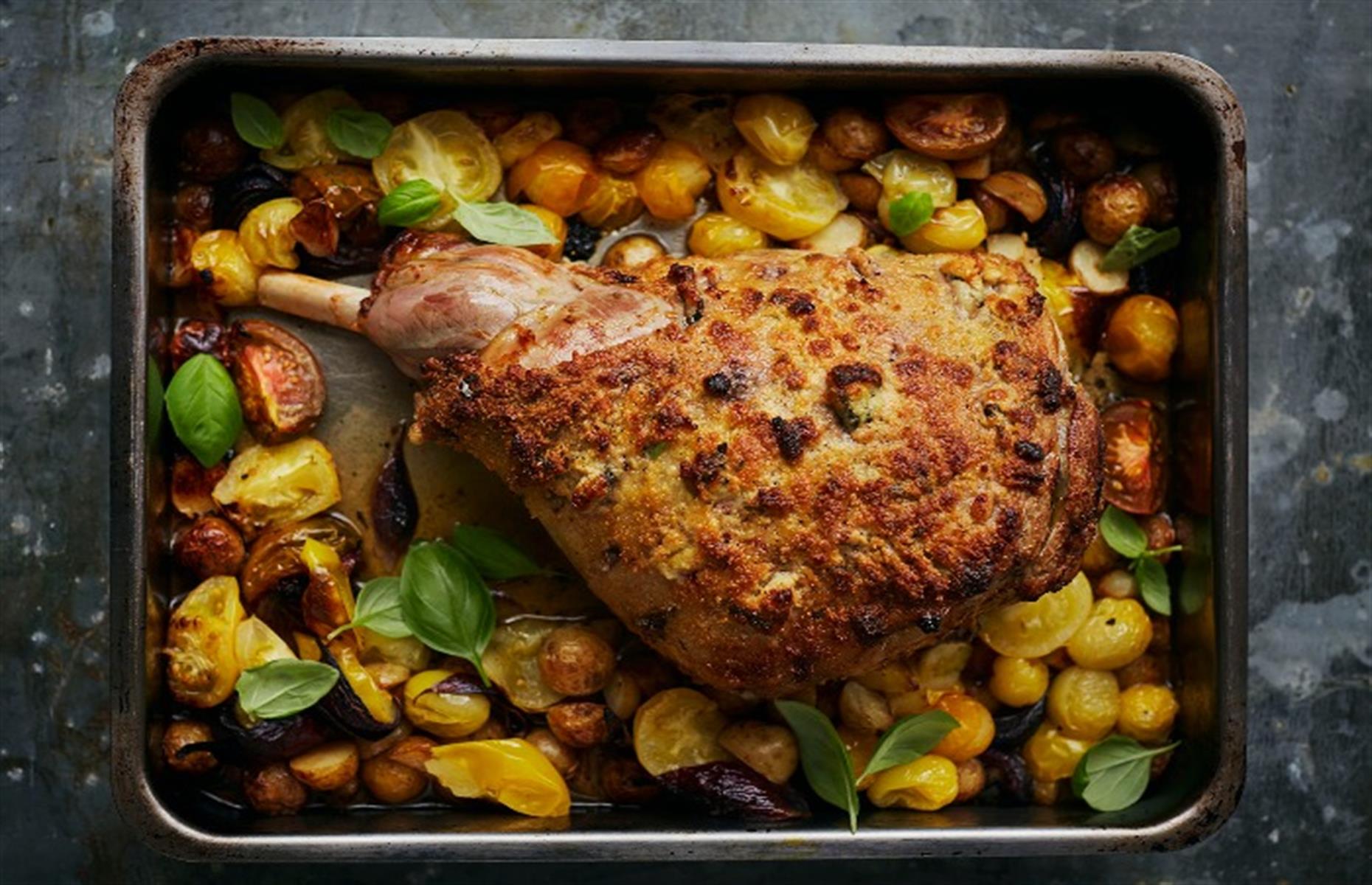 Roast leg of lamb with pecorino and garlic