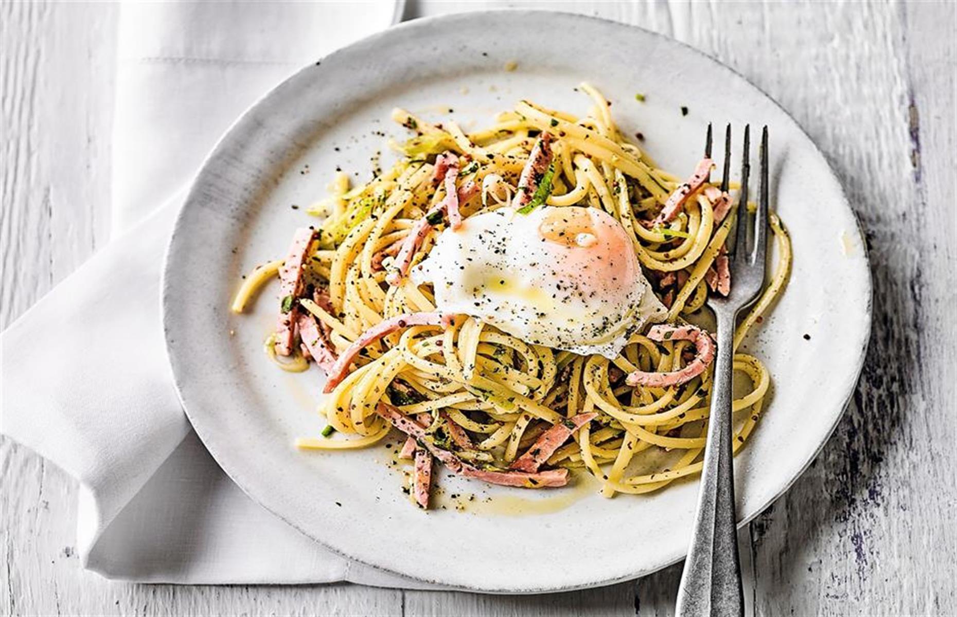 Ham and egg linguine