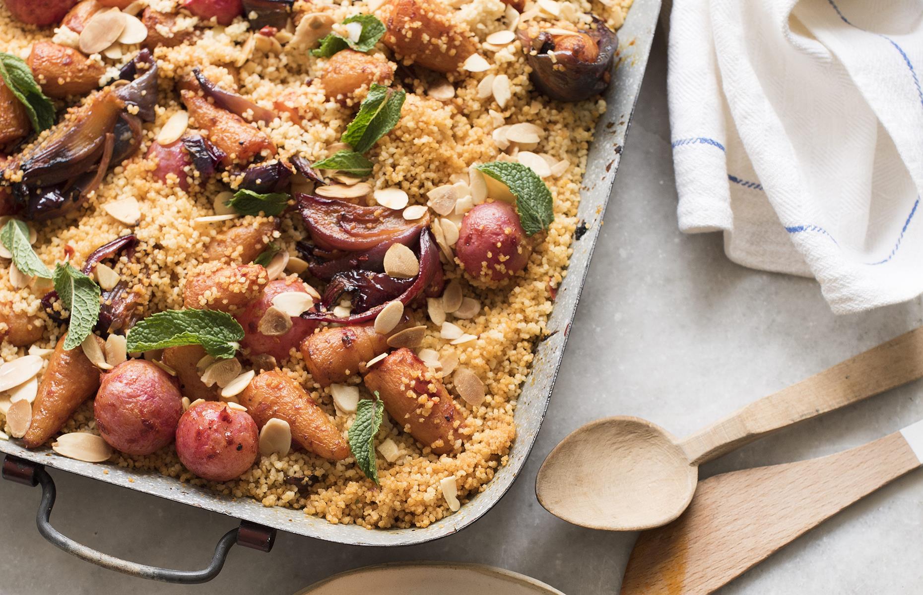 Harissa and lemon baked fish with cous cous