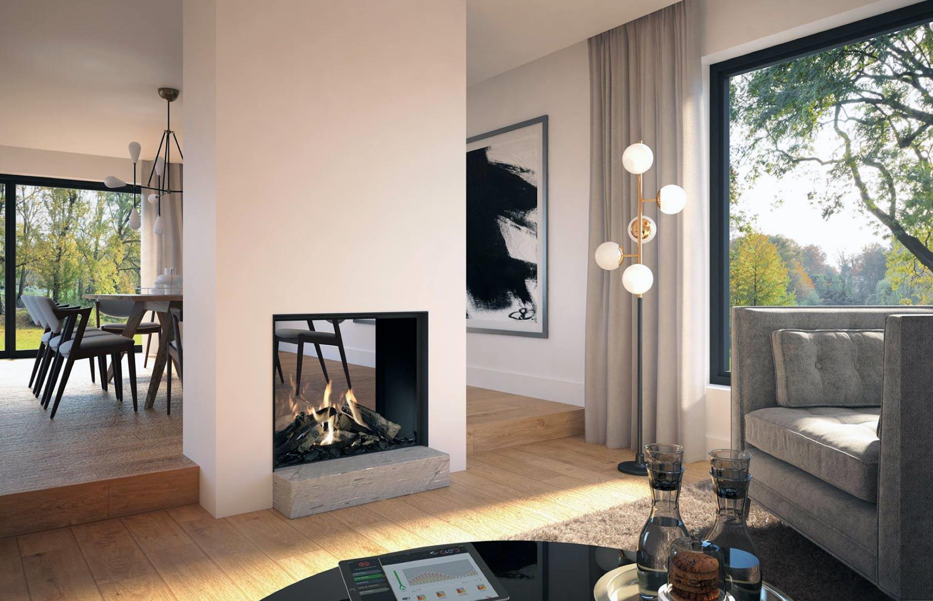 Add a double-sided fireplace