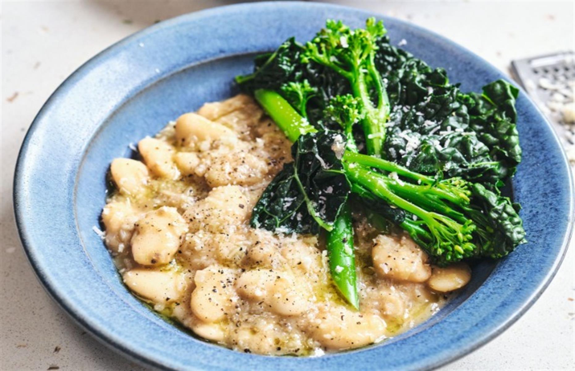 Cacio e pepe beans and greens