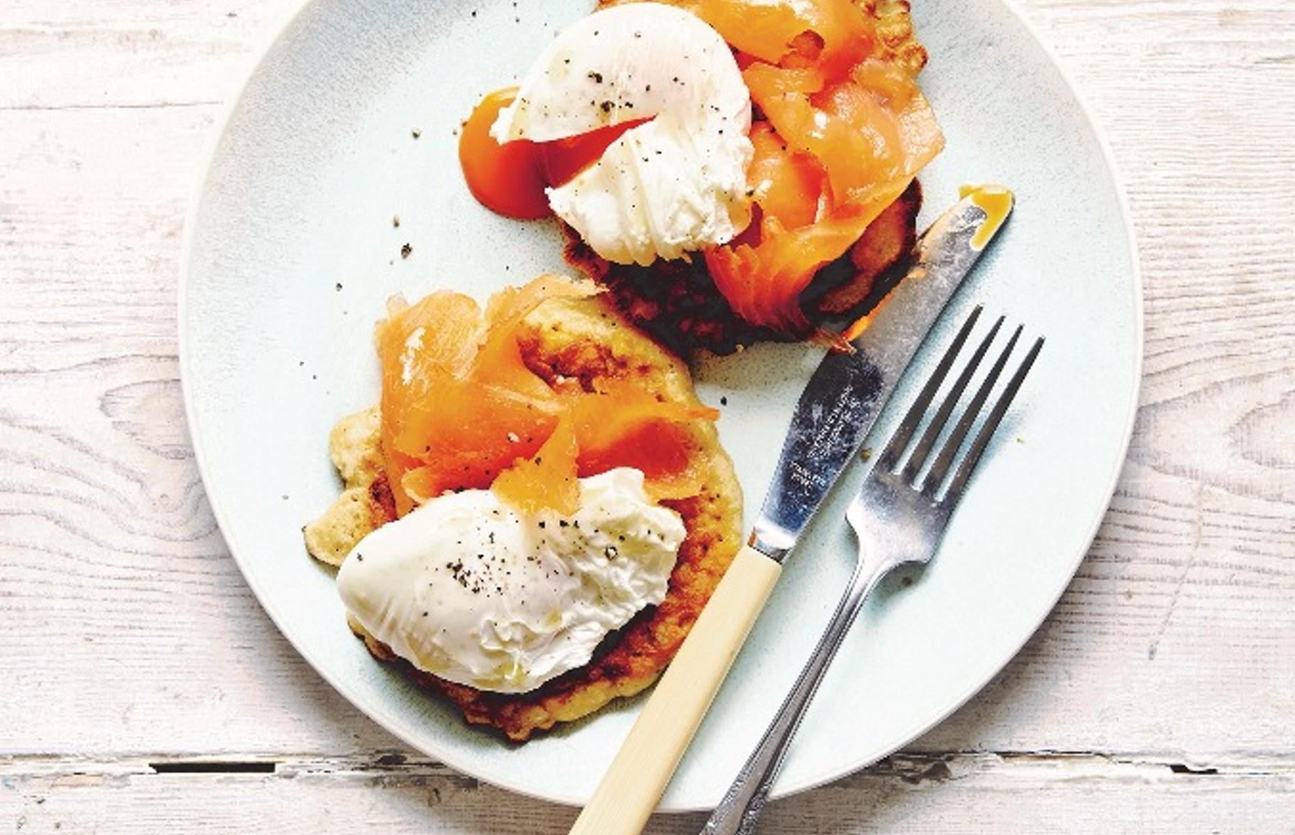 Corn fritters with lox and poached eggs