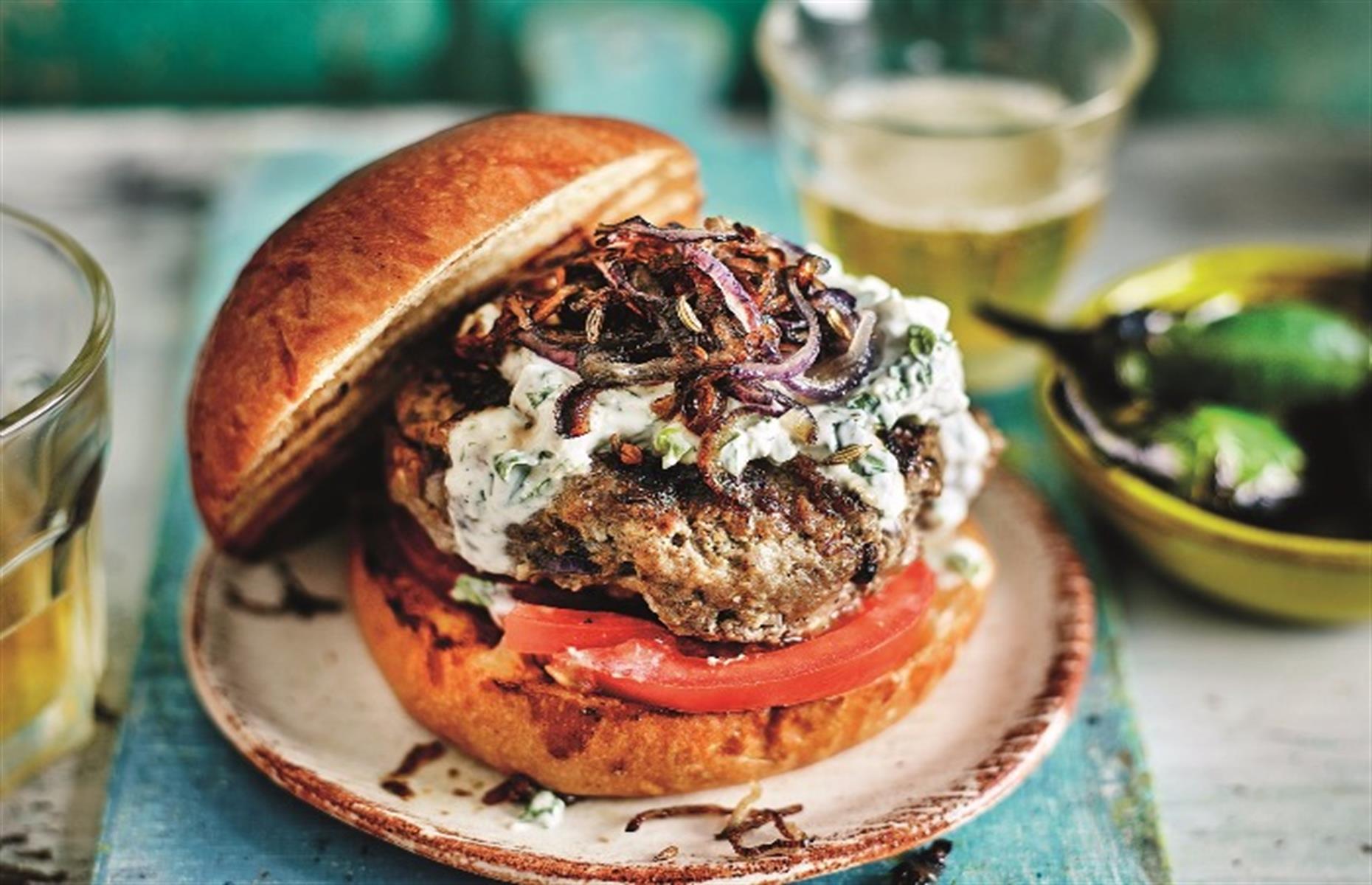 Burgers with caramelised onion and green chilli yogurt
