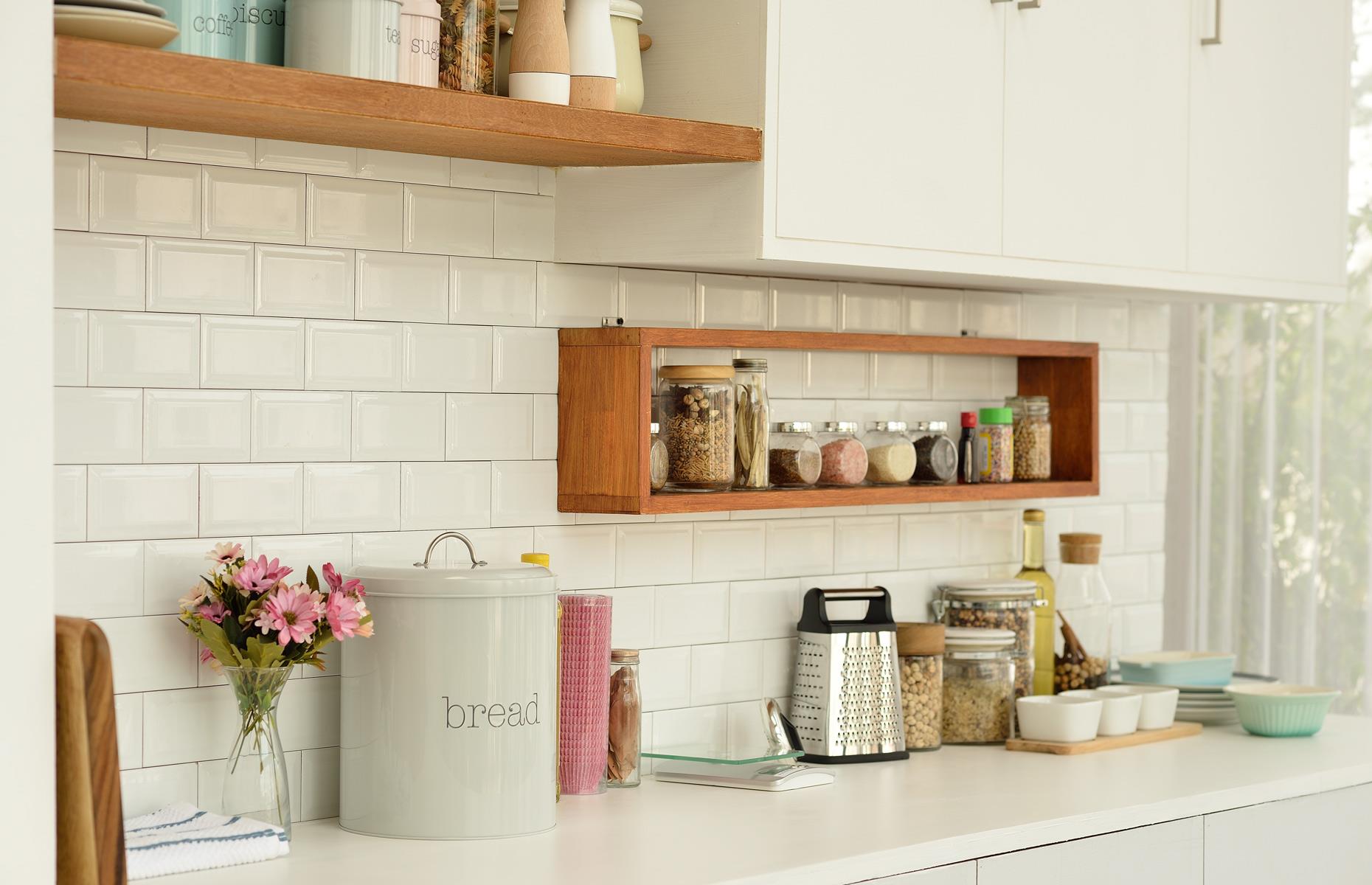 Add open shelving under cupboards