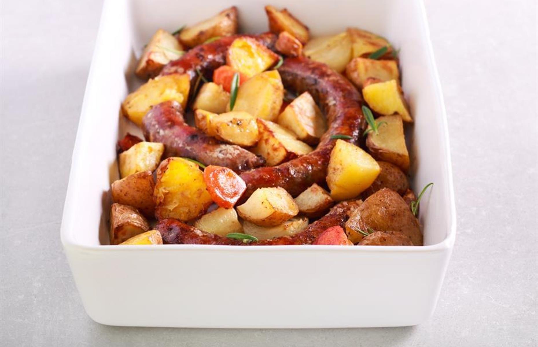 Sticky sausage and potato traybake 
