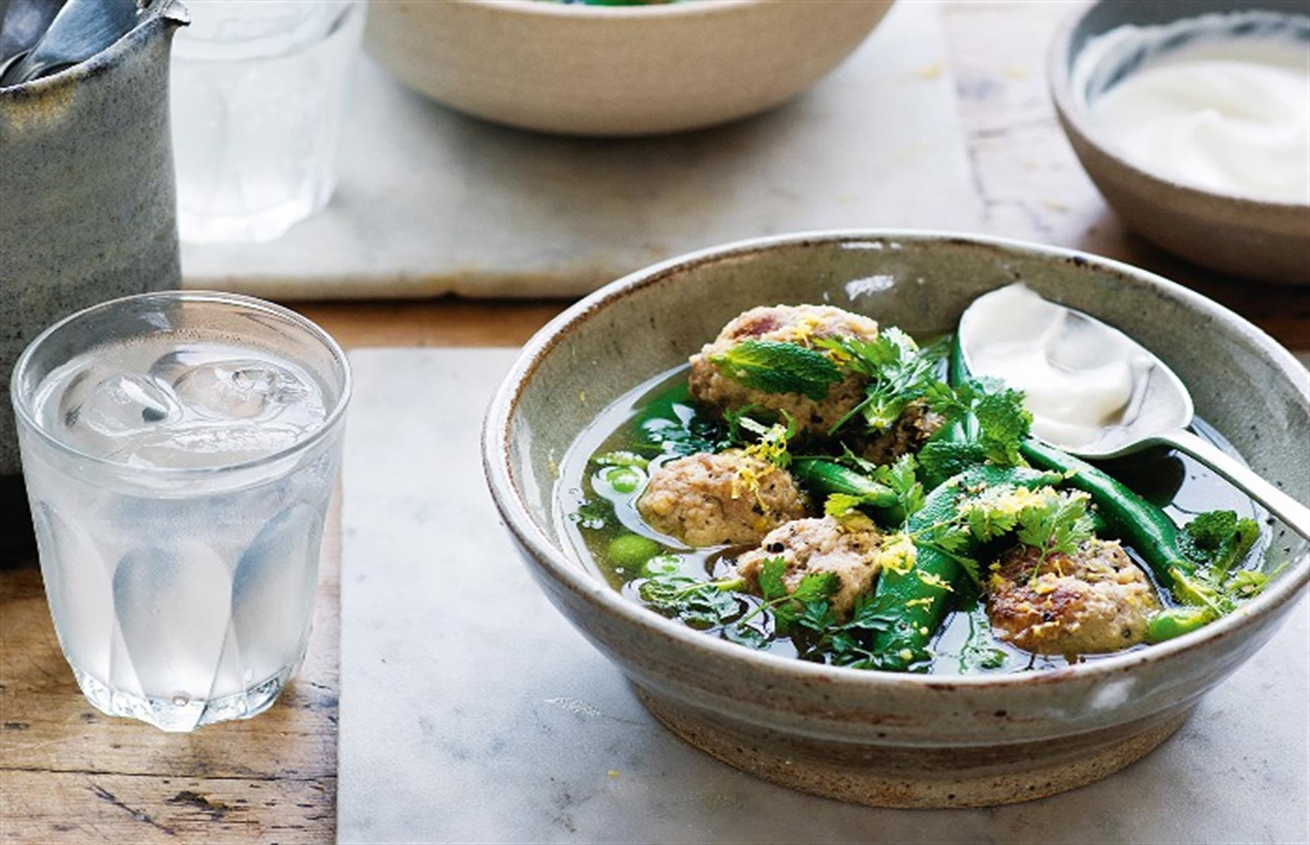 Minced lamb: meatballs in yogurt, pea and herb broth