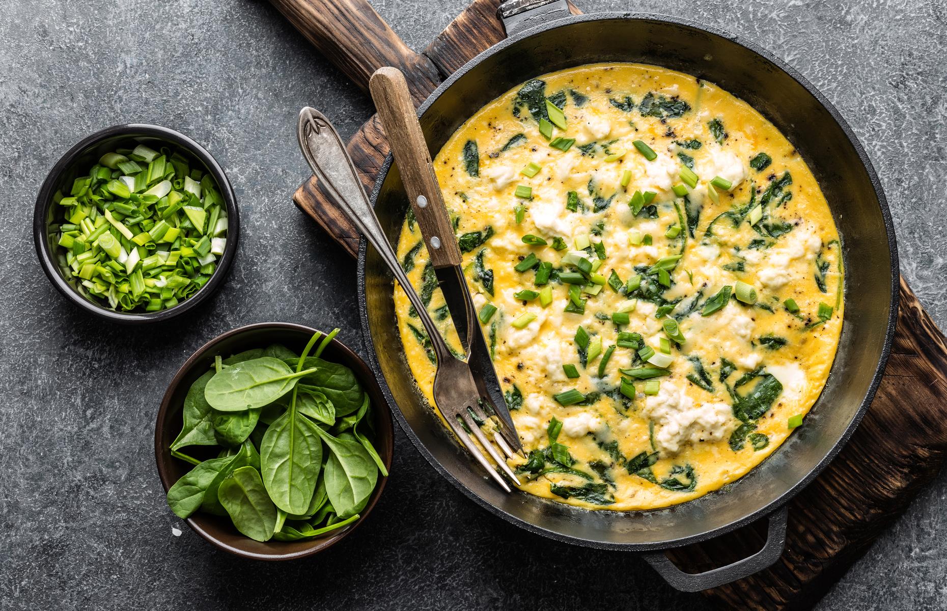 Feta, spinach and caramelised onion omelette