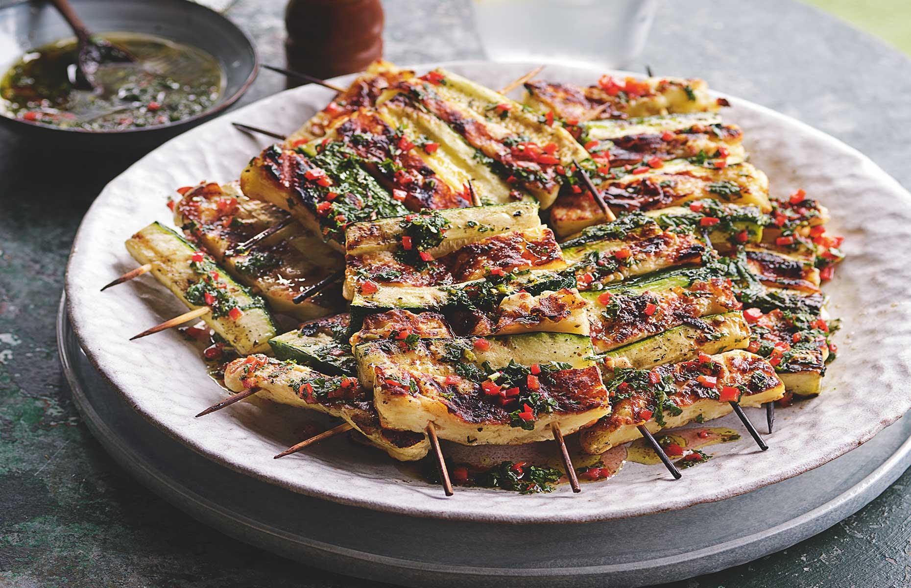 Courgette and halloumi skewers