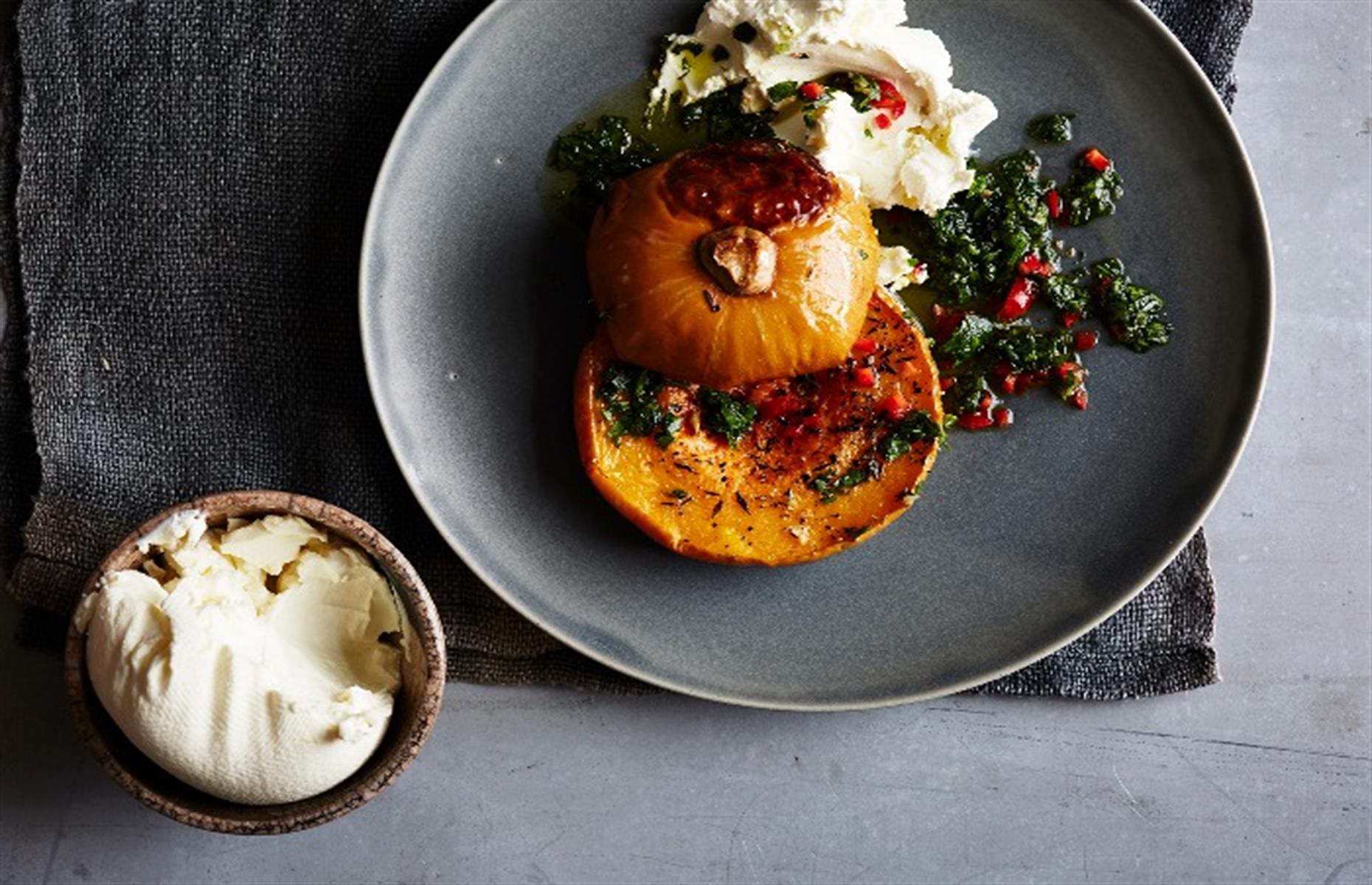 Warm butternut squash salad with labneh