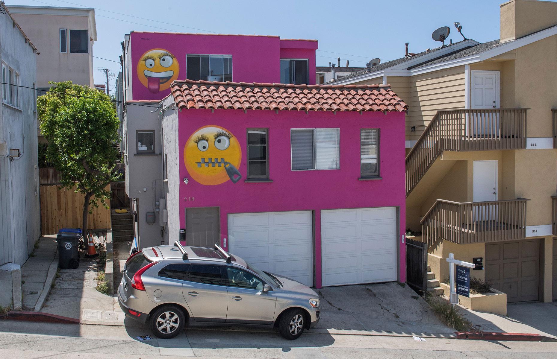 Airbnb host riled neighbours with pink emoji paint job
