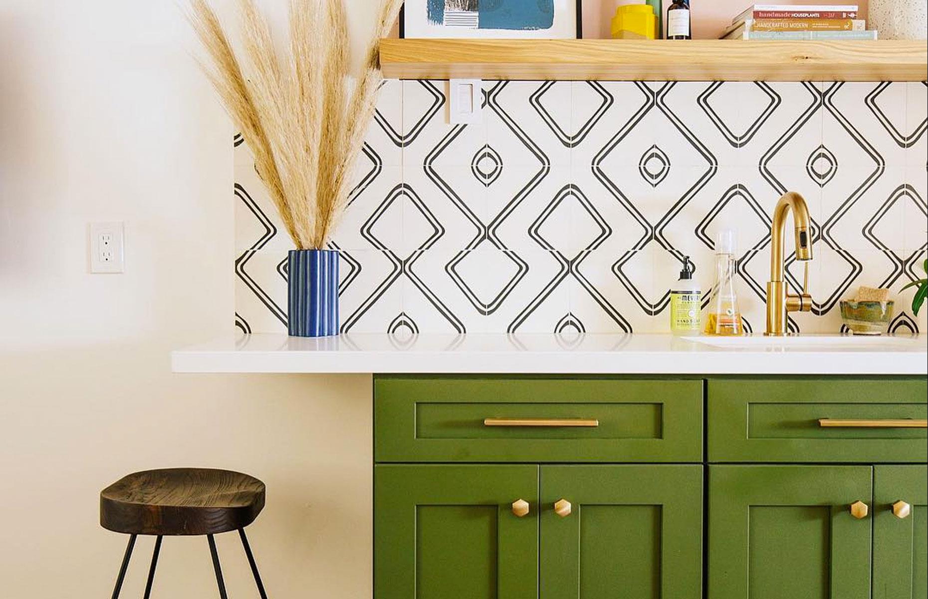 Colourful kitchen with graphic tiling