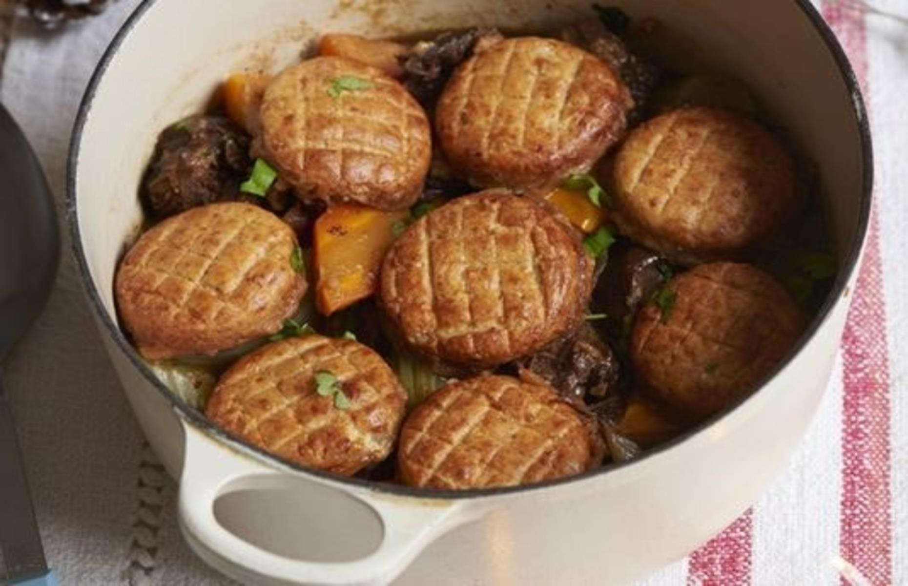 Ale-braised ox cheek stew with Cheddar cobblers
