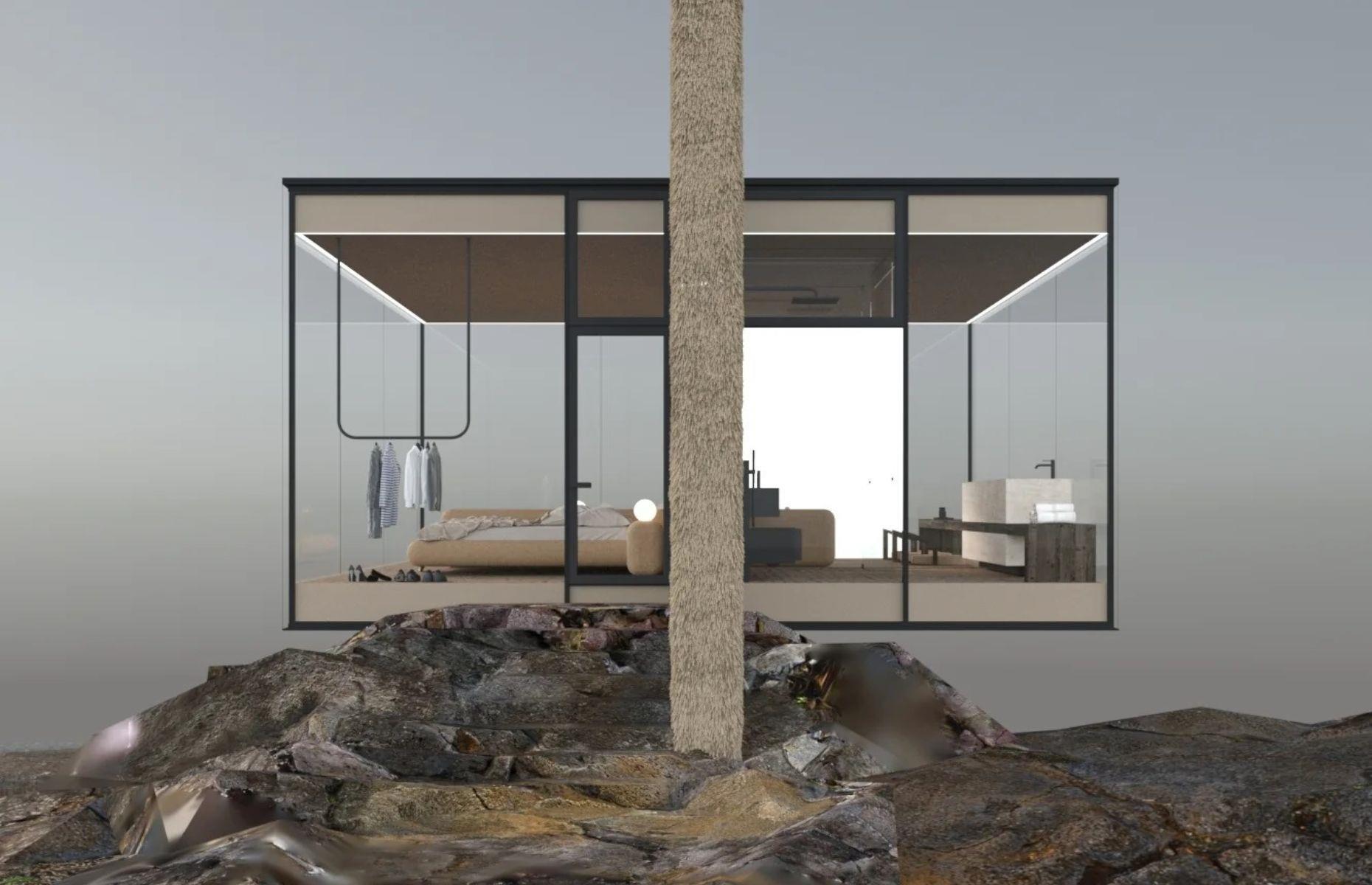 Cabaña transparente en un acantilado, concepto de diseño, Portugal